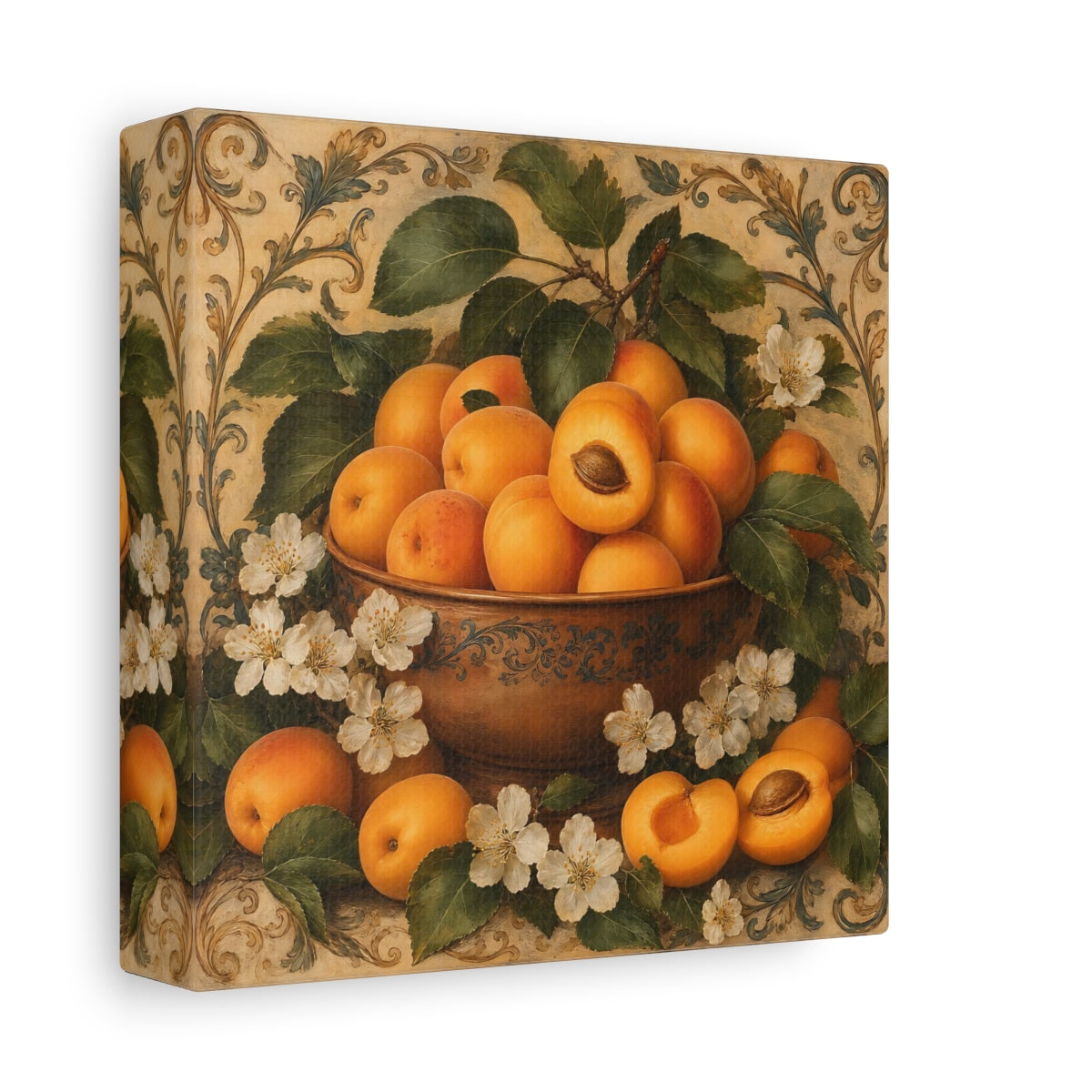 Side Mockup 2. Nature Apricots Orange Apricot shown as stretched canvas wall art