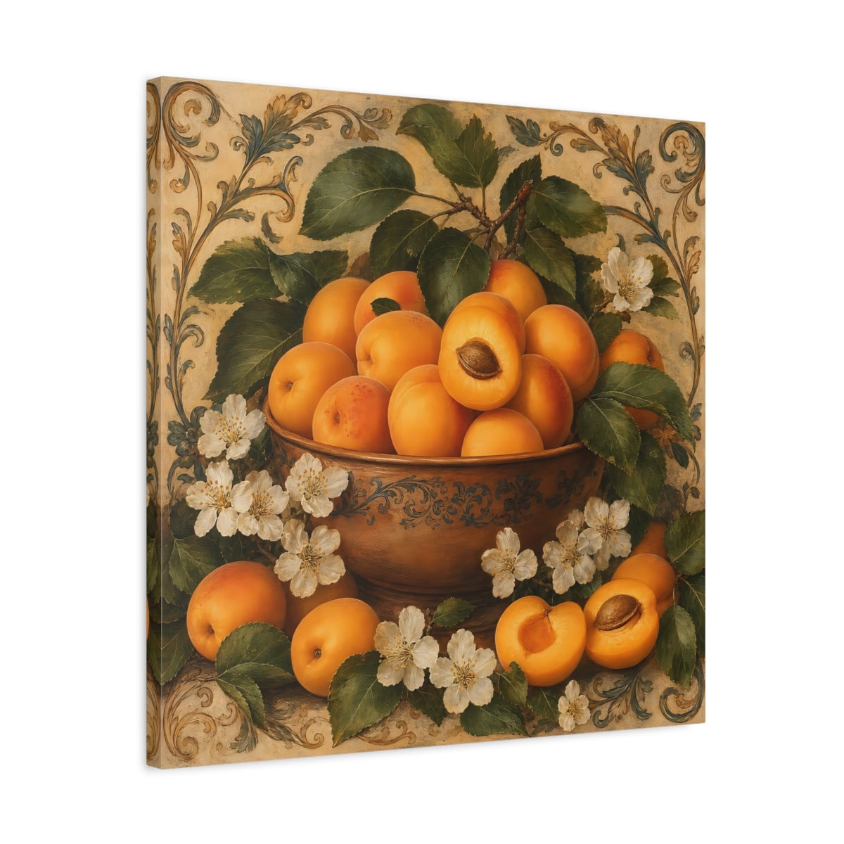 Side Mockup 4. Nature Apricots Orange Apricot shown as stretched canvas wall art