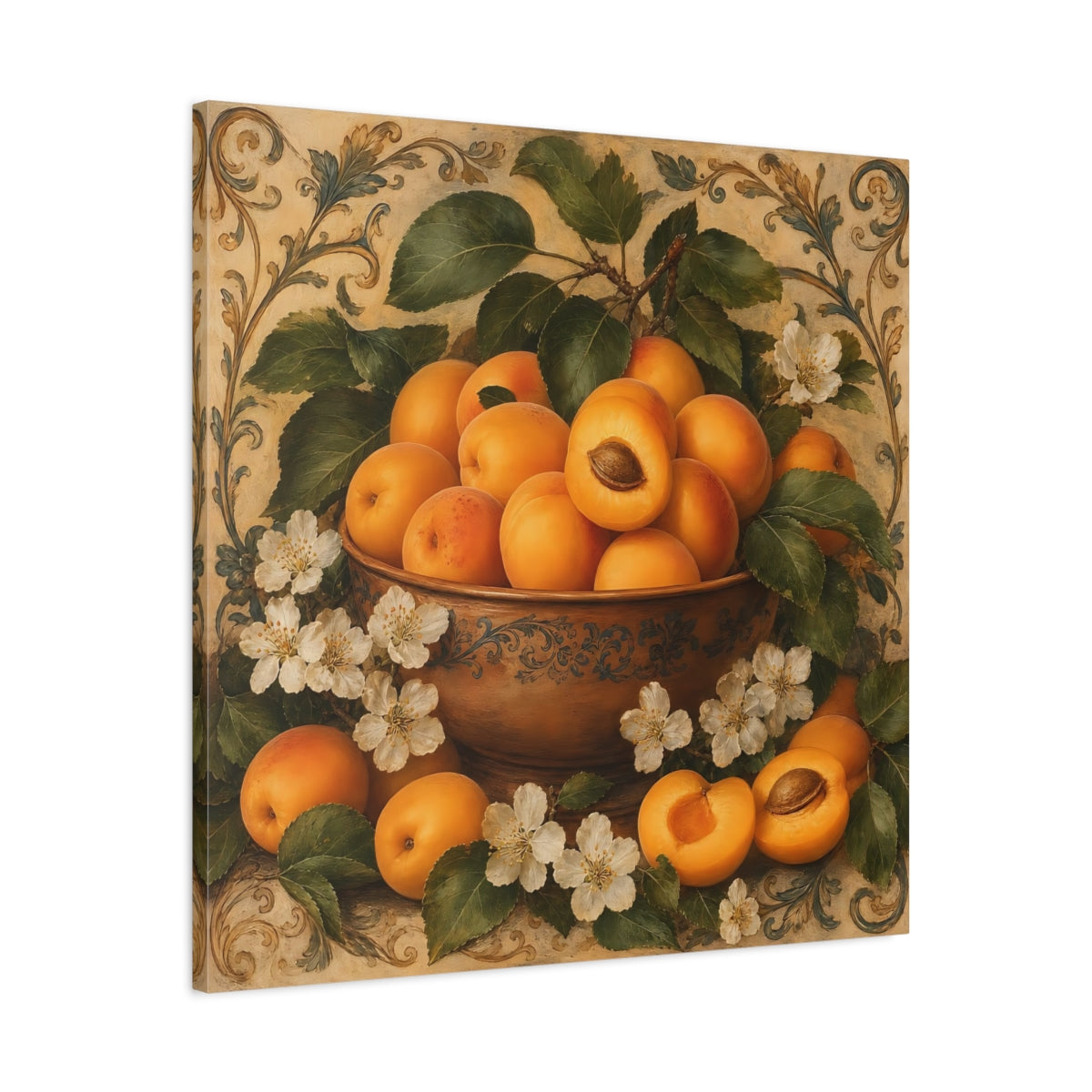 Side Mockup 3. Nature Apricots Orange Apricot shown as stretched canvas wall art