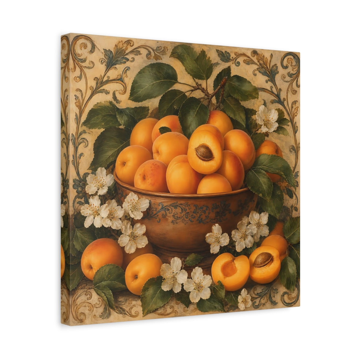Side Mockup 6. Nature Apricots Orange Apricot shown as stretched canvas wall art