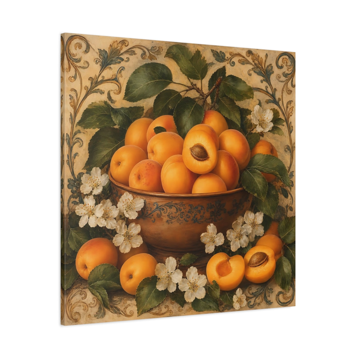 Side Mockup 1. Nature Apricots Orange Apricot shown as stretched canvas wall art