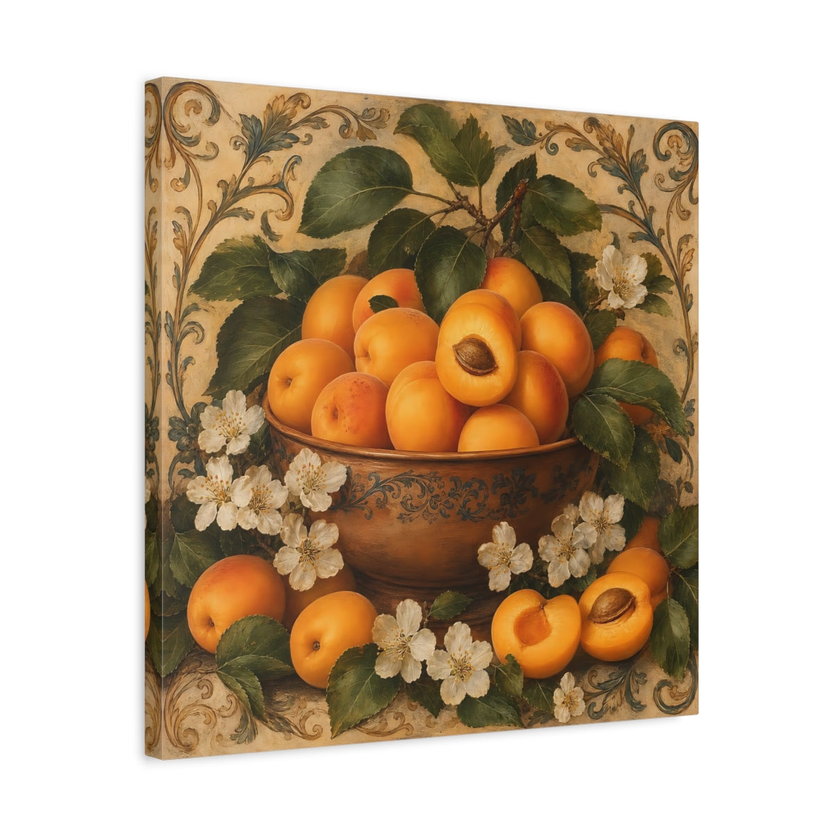 Side Mockup 5. Nature Apricots Orange Apricot shown as stretched canvas wall art
