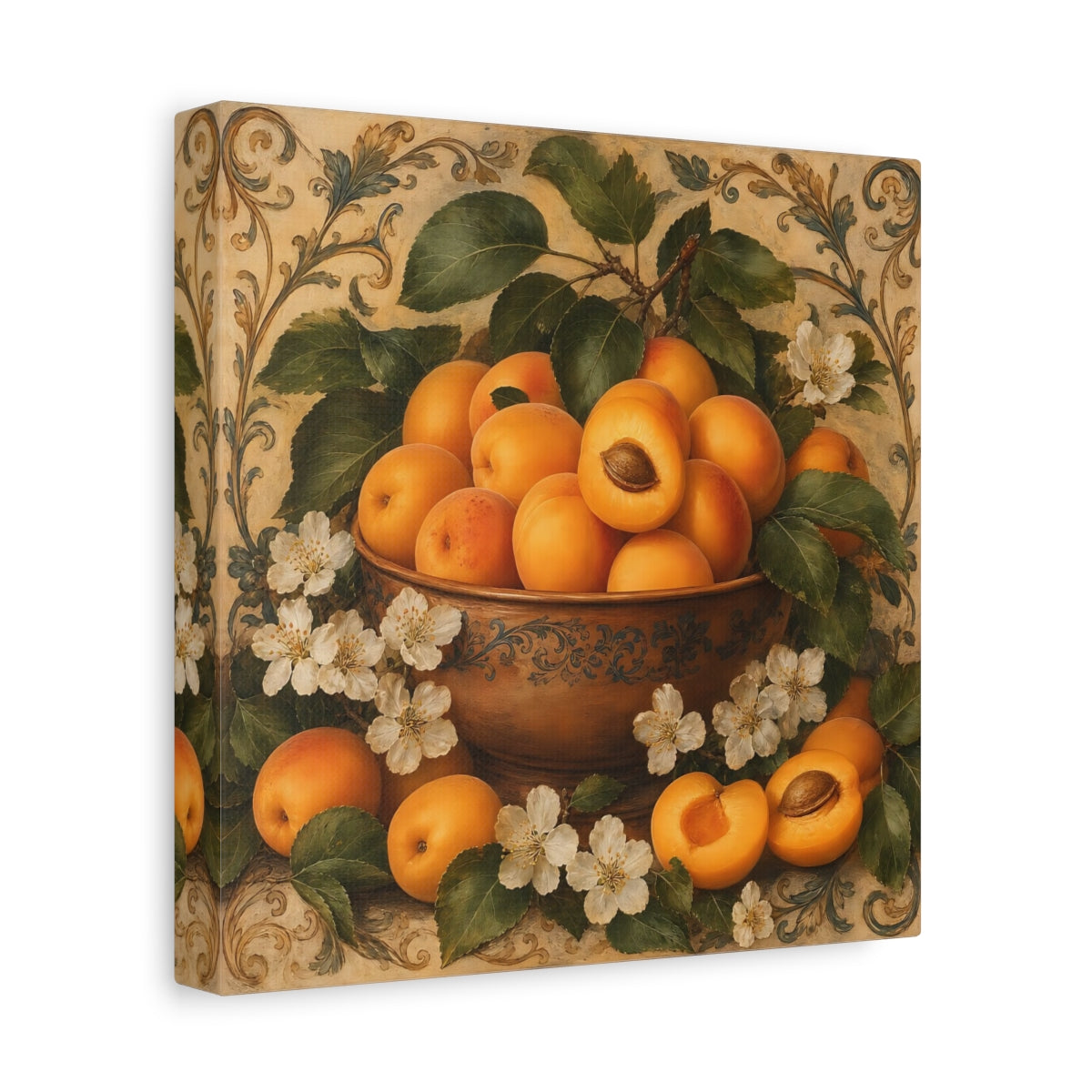 Side Mockup 9. Nature Apricots Orange Apricot shown as stretched canvas wall art