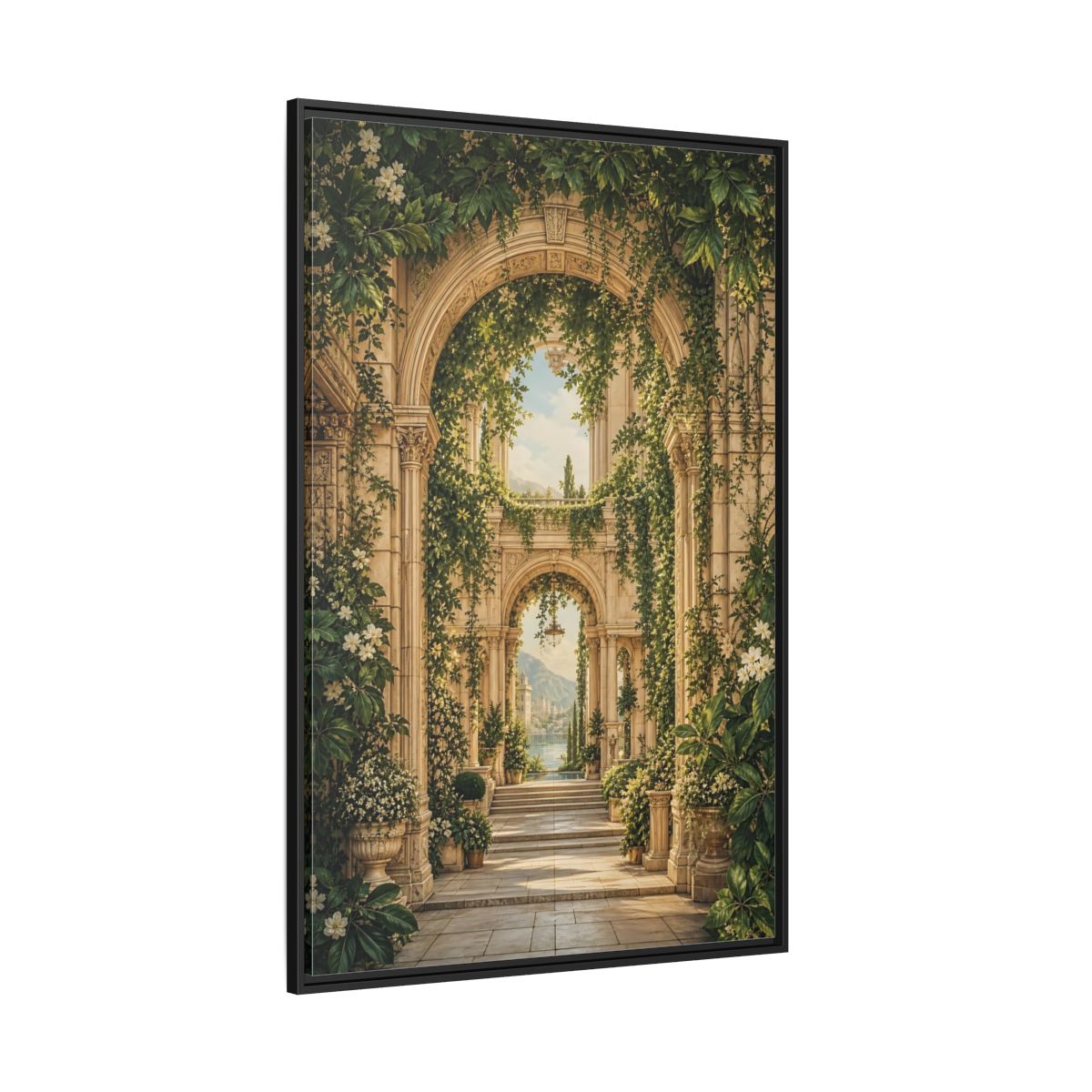Nature Archway Garden Green and Stone Framed Canvas Wall Art - Classical Decor for Living Room, Above Sofa shown as canvas wall art