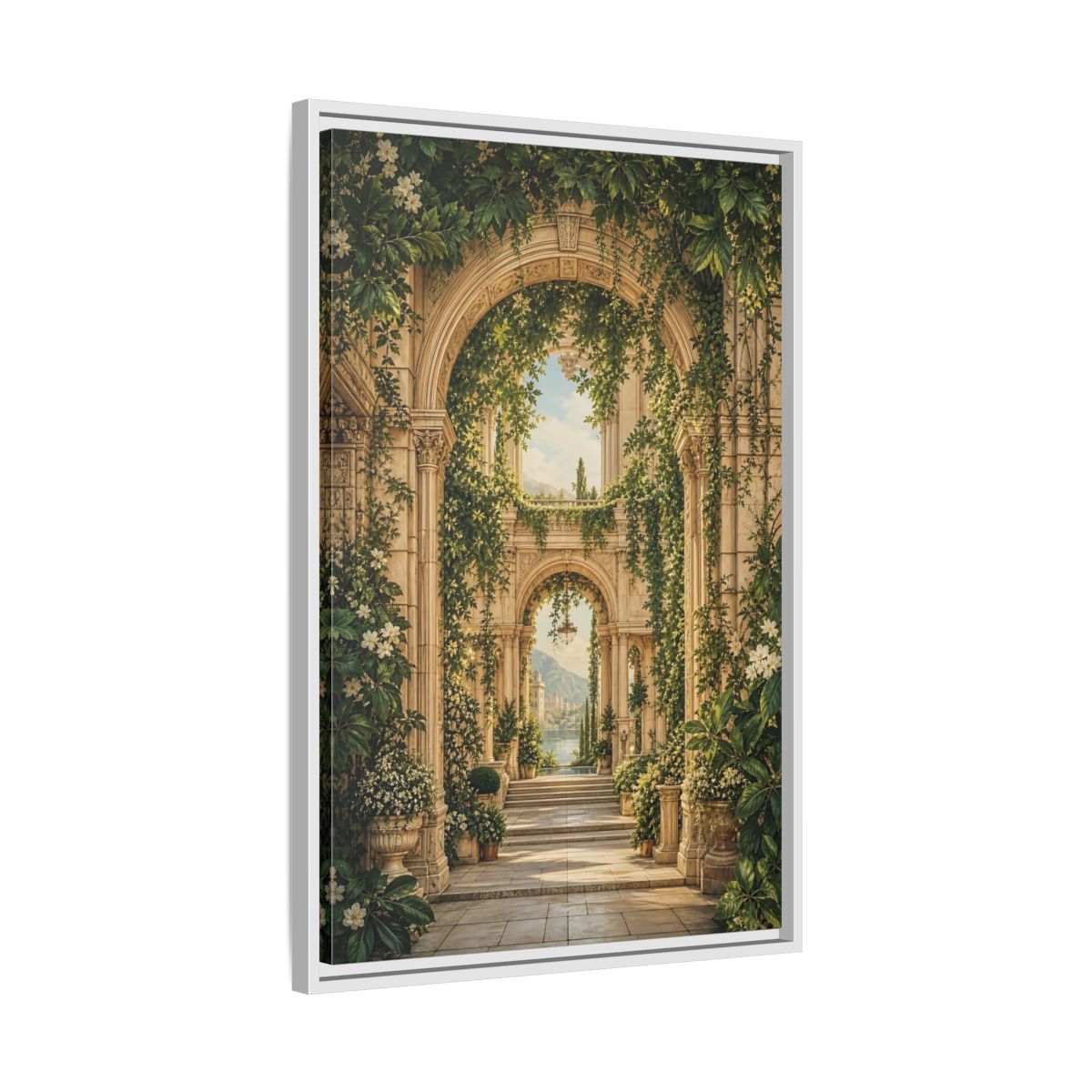Nature Archway Garden Green and Stone Framed Canvas Wall Art - Classical Decor for Living Room, Above Sofa shown as canvas wall art