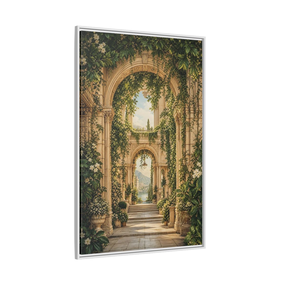 Nature Archway Garden Green and Stone Framed Canvas Wall Art - Classical Decor for Living Room, Above Sofa shown as canvas wall art