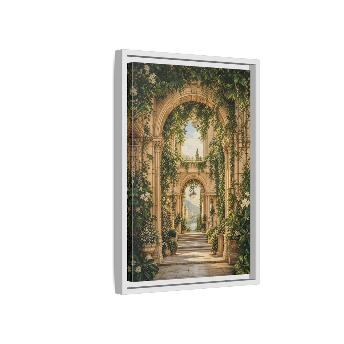 Nature Archway Garden Green and Stone Framed Canvas Wall Art - Classical Decor for Living Room, Above Sofa shown as canvas wall art