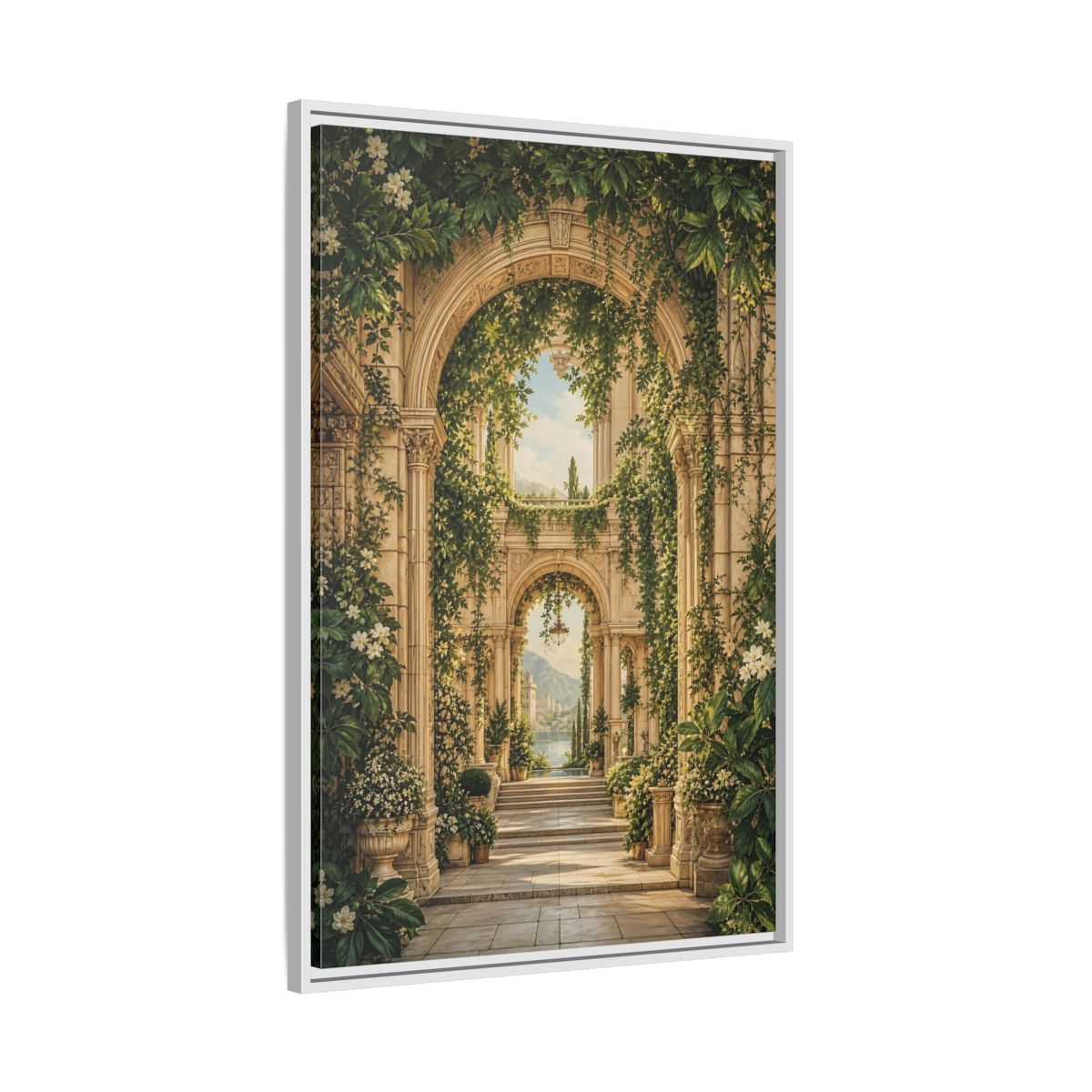 Nature Archway Garden Green and Stone Framed Canvas Wall Art - Classical Decor for Living Room, Above Sofa shown as canvas wall art