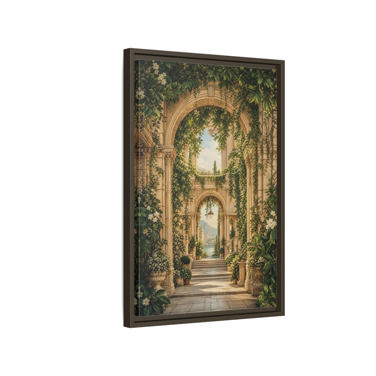 Nature Archway Garden Green and Stone Framed Canvas Wall Art - Classical Decor for Living Room, Above Sofa shown as canvas wall art