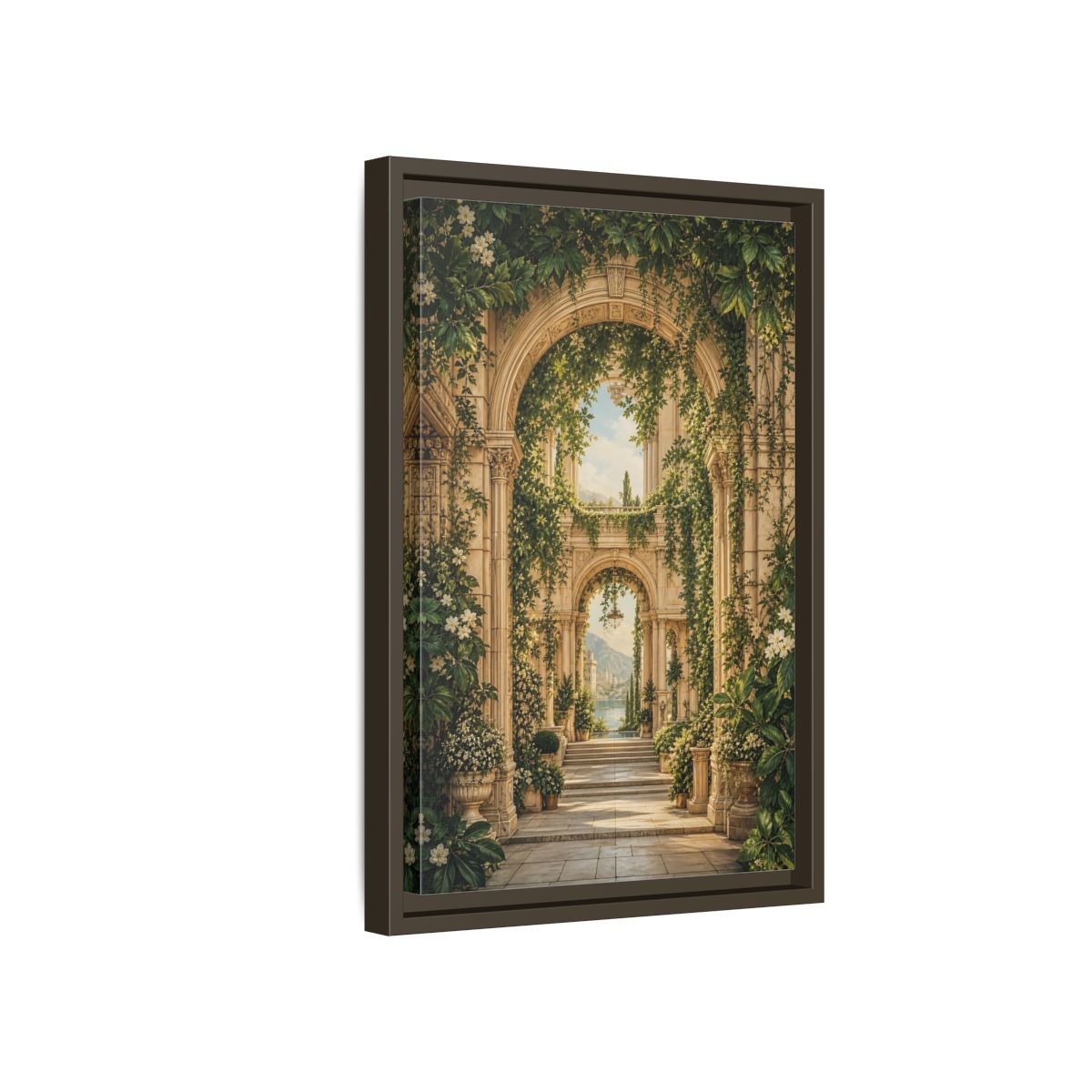 Nature Archway Garden Green and Stone Framed Canvas Wall Art - Classical Decor for Living Room, Above Sofa shown as canvas wall art