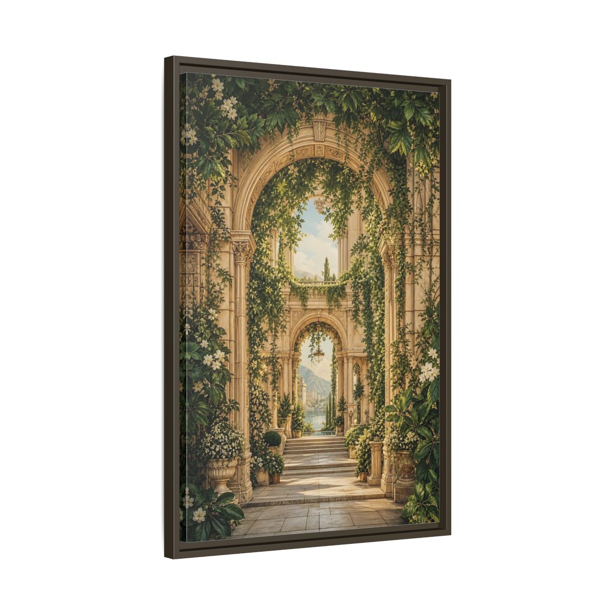 Nature Archway Garden Green and Stone Framed Canvas Wall Art - Classical Decor for Living Room, Above Sofa shown as canvas wall art