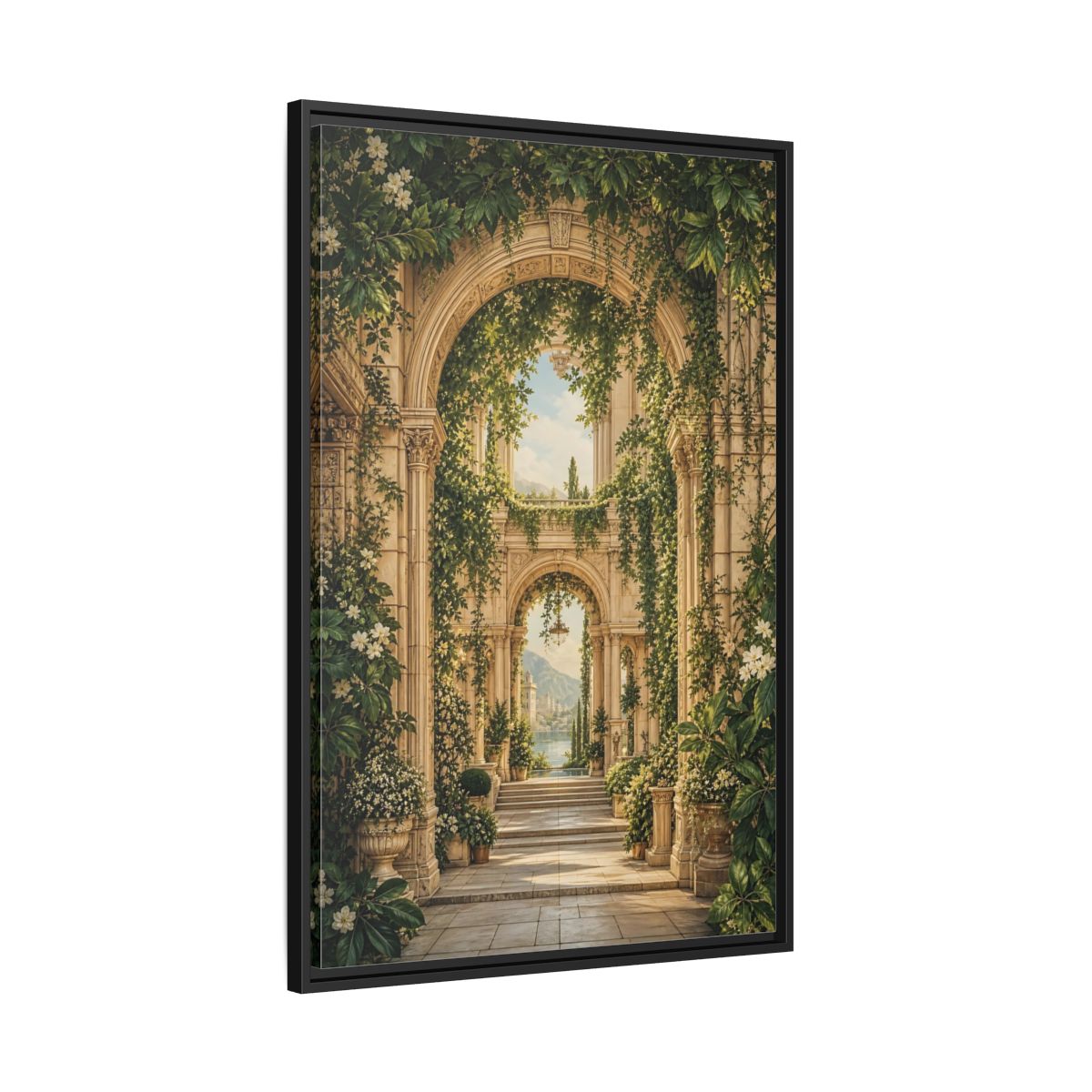 Nature Archway Garden Green and Stone Framed Canvas Wall Art - Classical Decor for Living Room, Above Sofa shown as canvas wall art