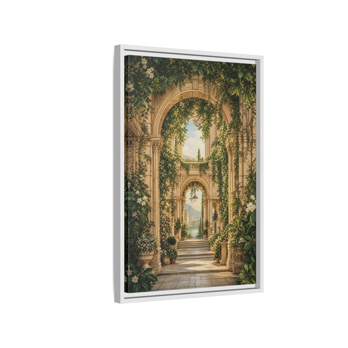 Nature Archway Garden Green and Stone Framed Canvas Wall Art - Classical Decor for Living Room, Above Sofa shown as canvas wall art