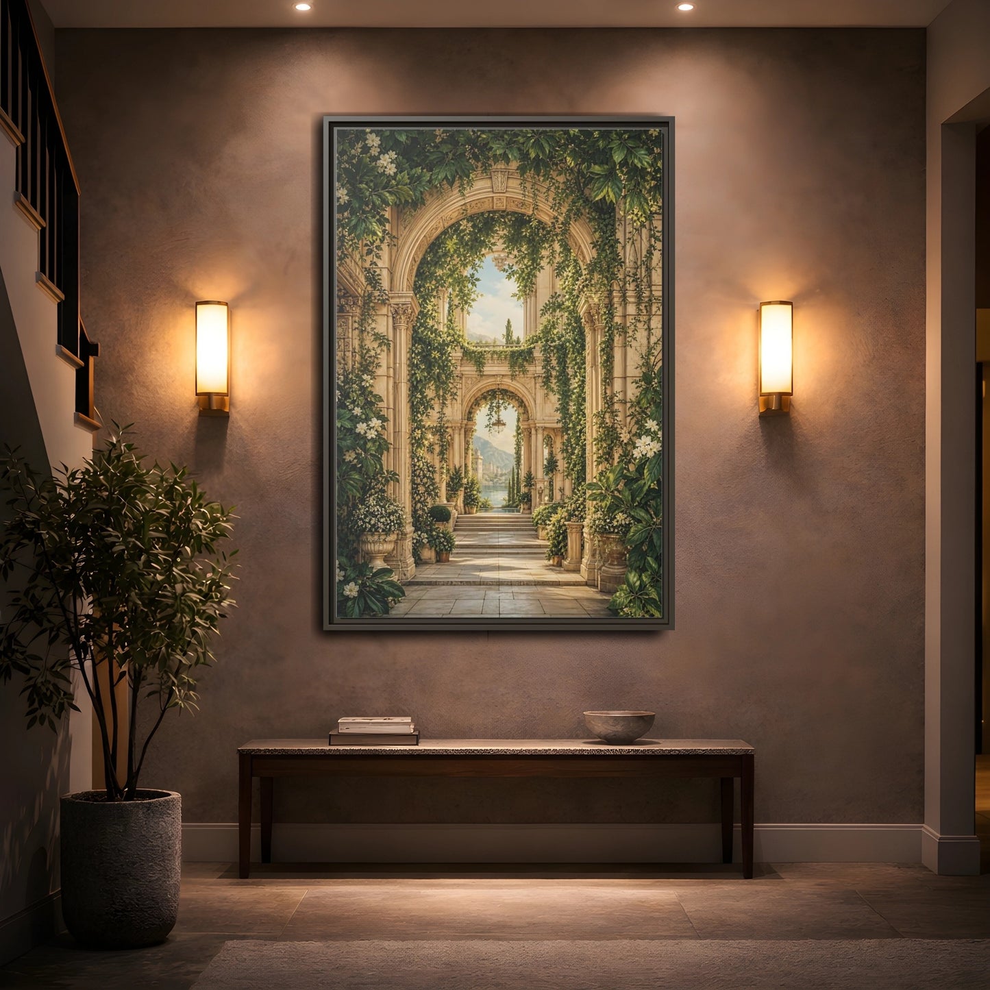 Nature Archway Garden Green and Stone Framed Canvas Wall Art - Classical Decor for Living Room, Above Sofa shown as canvas wall art
