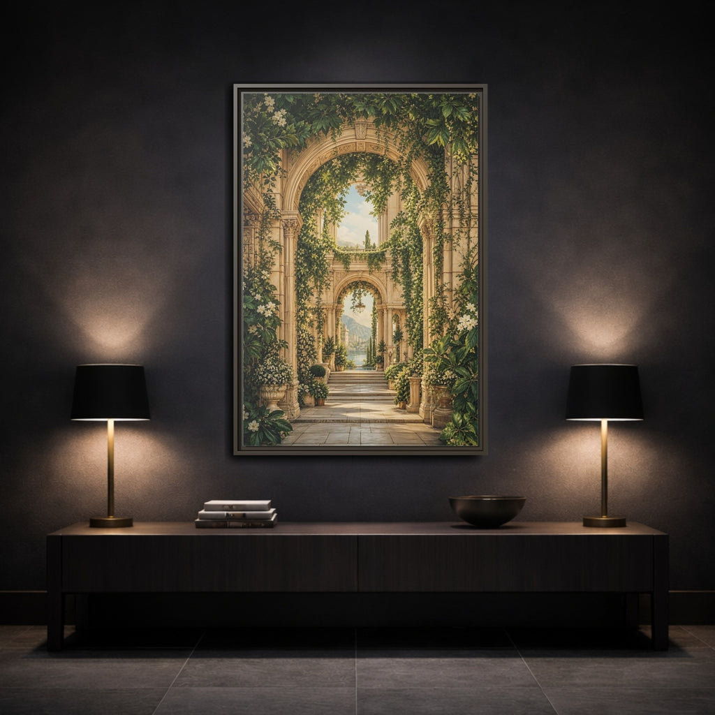 Mockup 3. Nature Archway Garden Green And Stone shown as stretched canvas wall art
