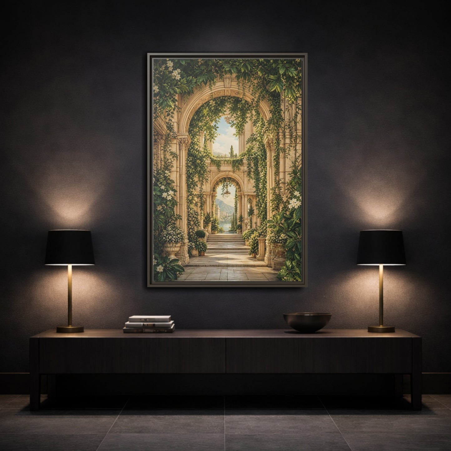 Nature Archway Garden Green and Stone Framed Canvas Wall Art - Classical Decor for Living Room, Above Sofa shown as canvas wall art