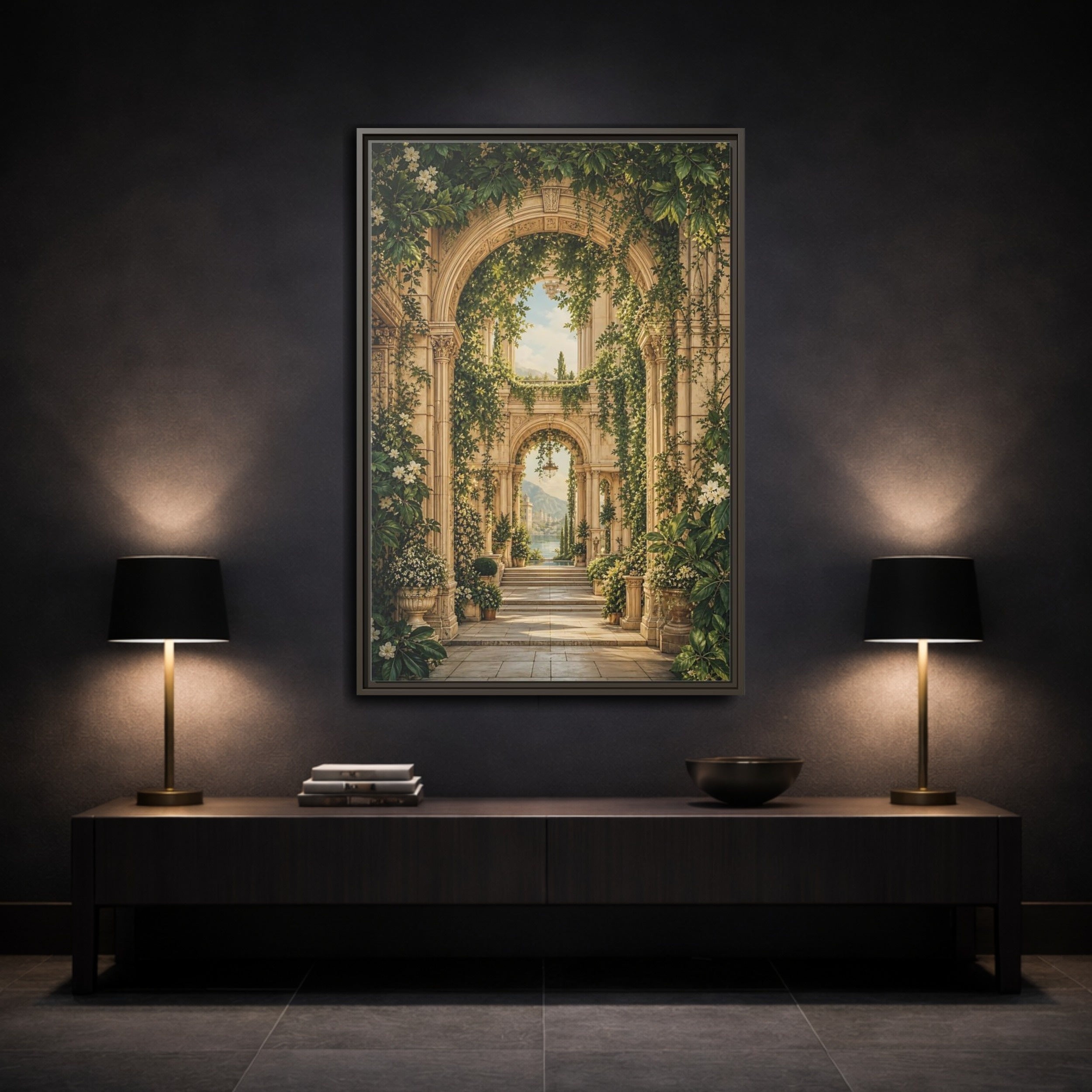 Mockup 3. Nature Archway Garden Green And Stone shown as stretched canvas wall art
