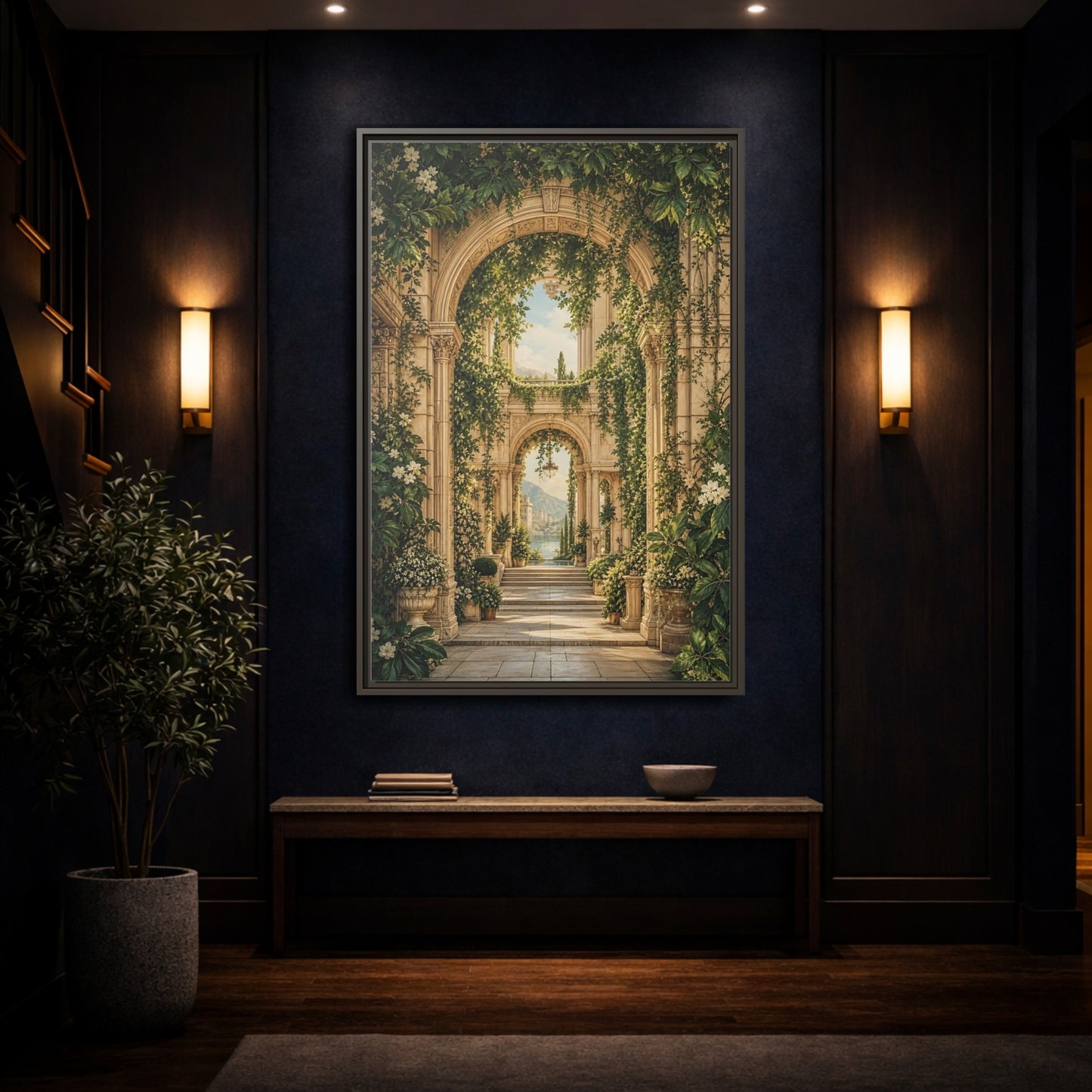 Nature Archway Garden Green and Stone Framed Canvas Wall Art - Classical Decor for Living Room, Above Sofa shown as canvas wall art
