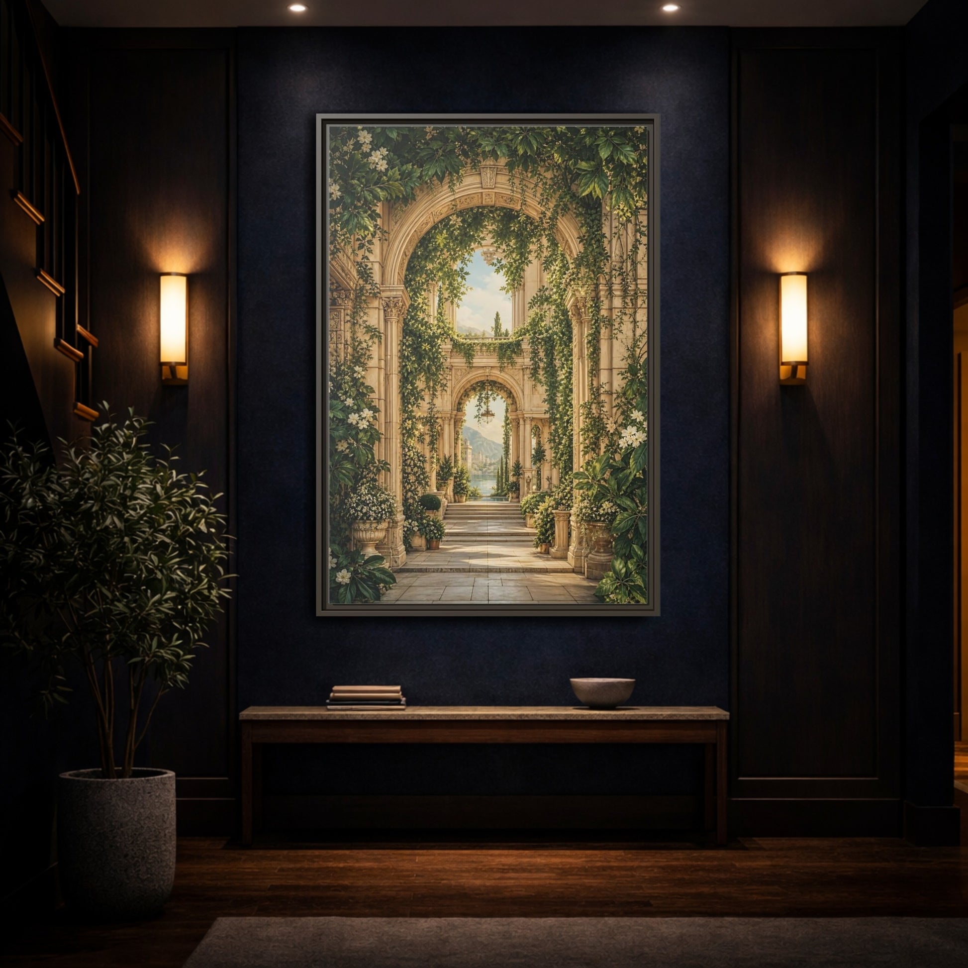 Nature Archway Garden Green and Stone Framed Canvas Wall Art - Classical Decor for Living Room, Above Sofa shown as canvas wall art