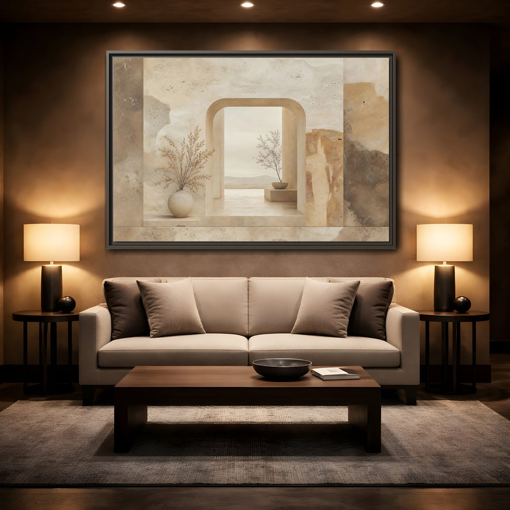 Mockup 2. Nature Archway Vista Neutral Earth Tones shown as stretched canvas wall art