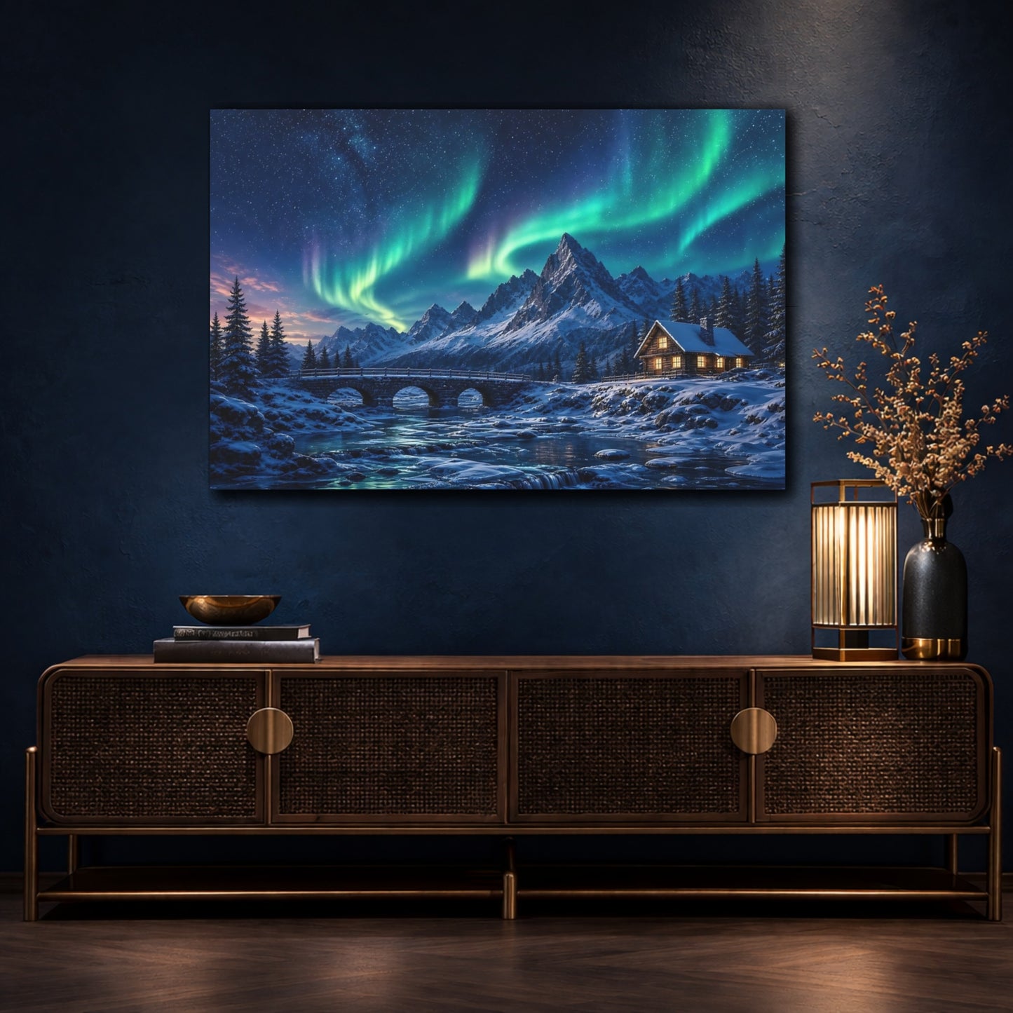 Mockup 4. Nature Aurora Borealis Aurora Borealis Winter shown as stretched canvas wall art