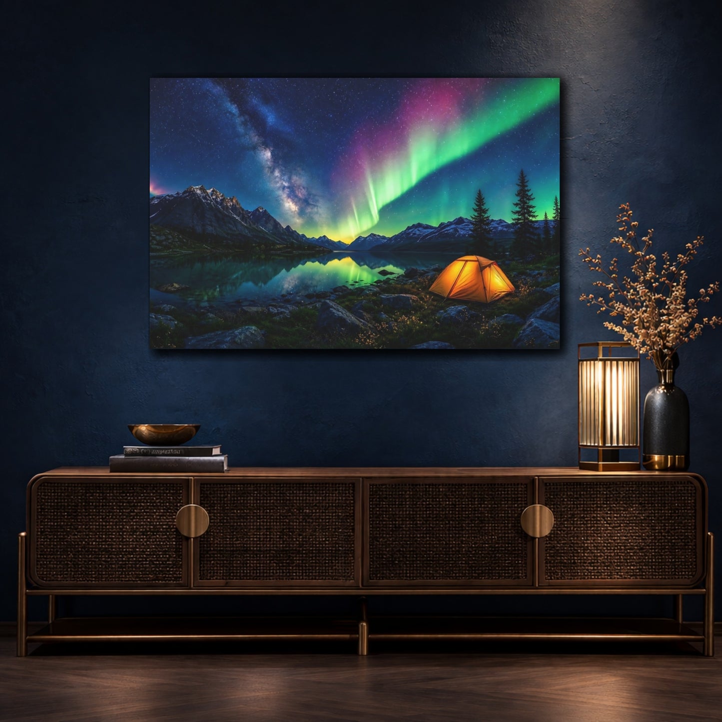 Mockup 4. Nature Aurora Borealis Aurora Night Sky shown as stretched canvas wall art