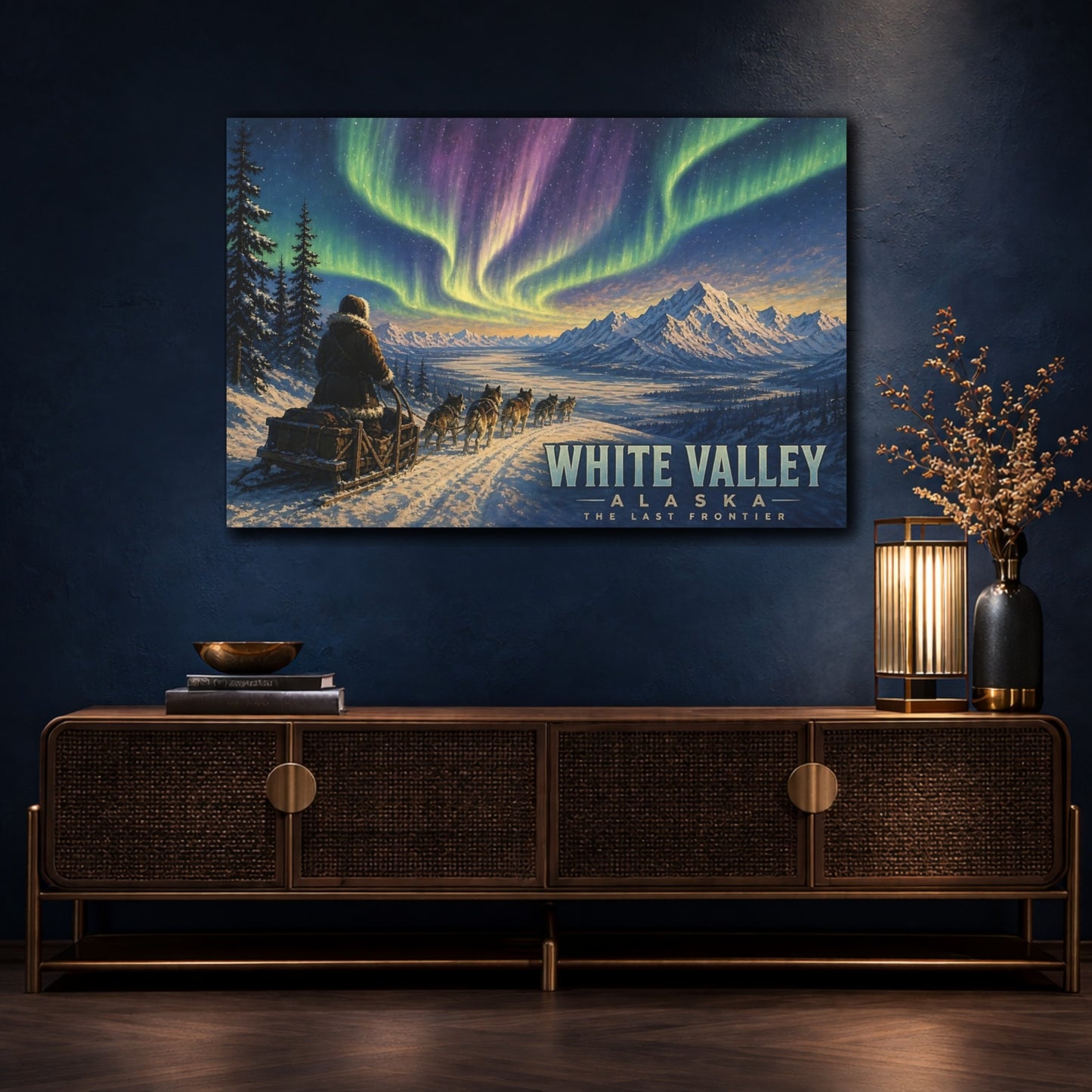 Mockup 4. Nature Aurora Borealis Aurora Snow Scene shown as stretched canvas wall art