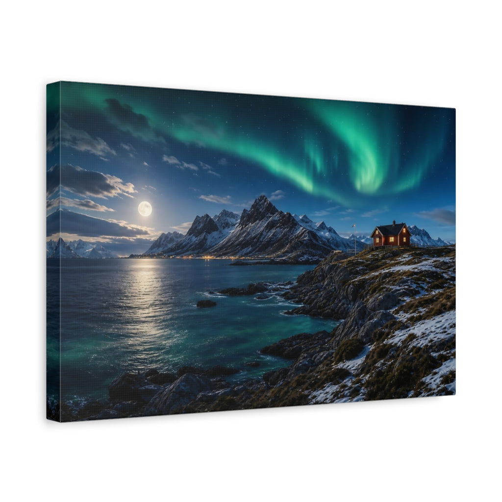 Side Mockup 4. Nature Aurora Borealis Green And Blue Landscape shown as stretched canvas wall art