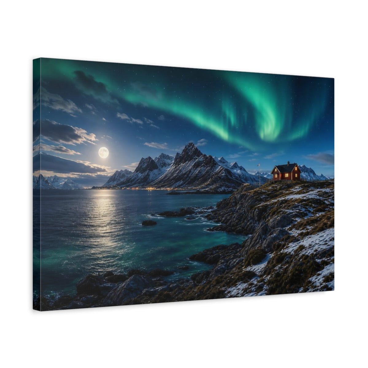 Side Mockup 3. Nature Aurora Borealis Green And Blue Landscape shown as stretched canvas wall art