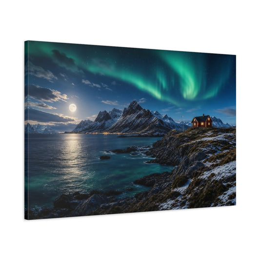 Main Mockup. Nature Aurora Borealis Green And Blue Landscape shown as stretched canvas wall art