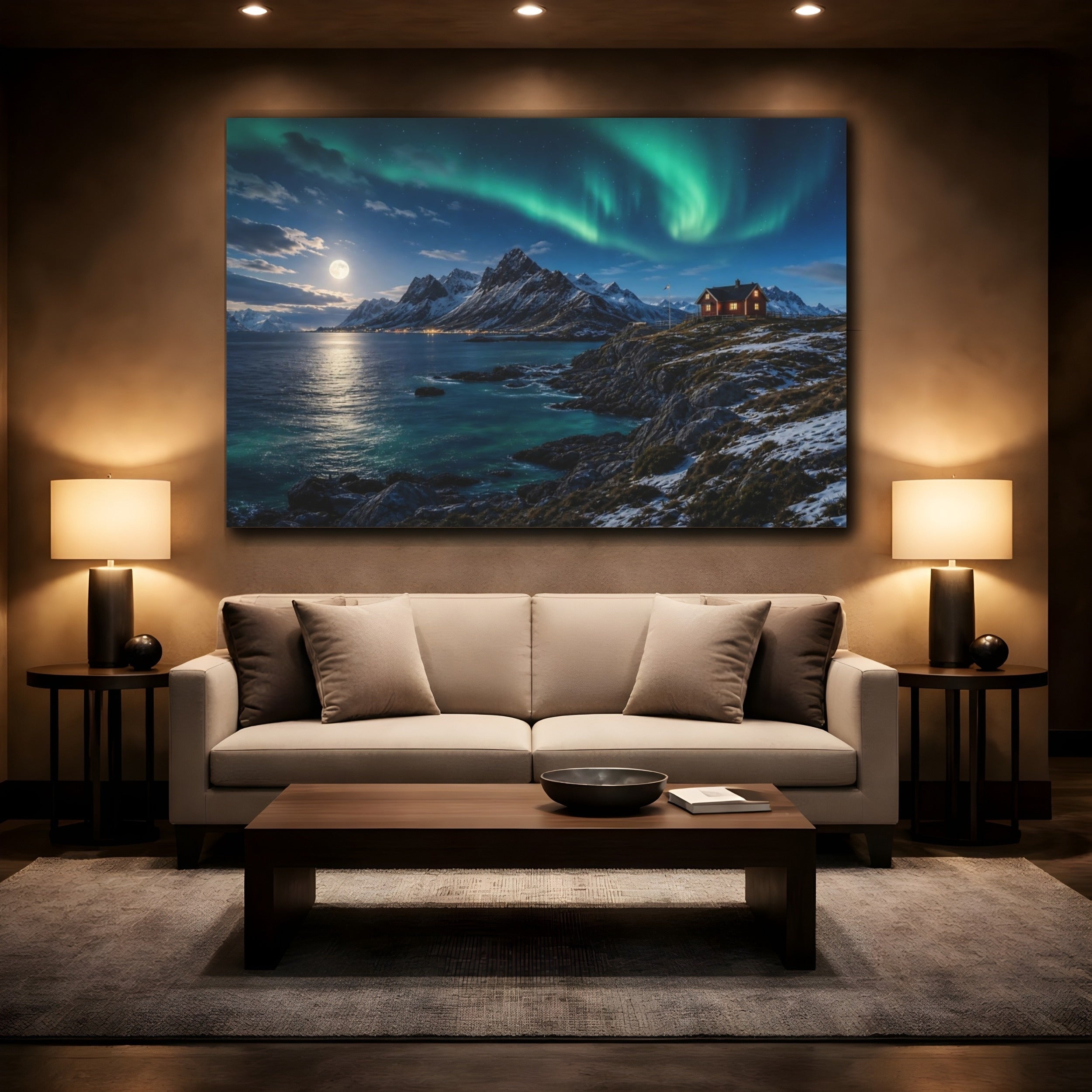 Mockup 2. Nature Aurora Borealis Green And Blue Landscape shown as stretched canvas wall art