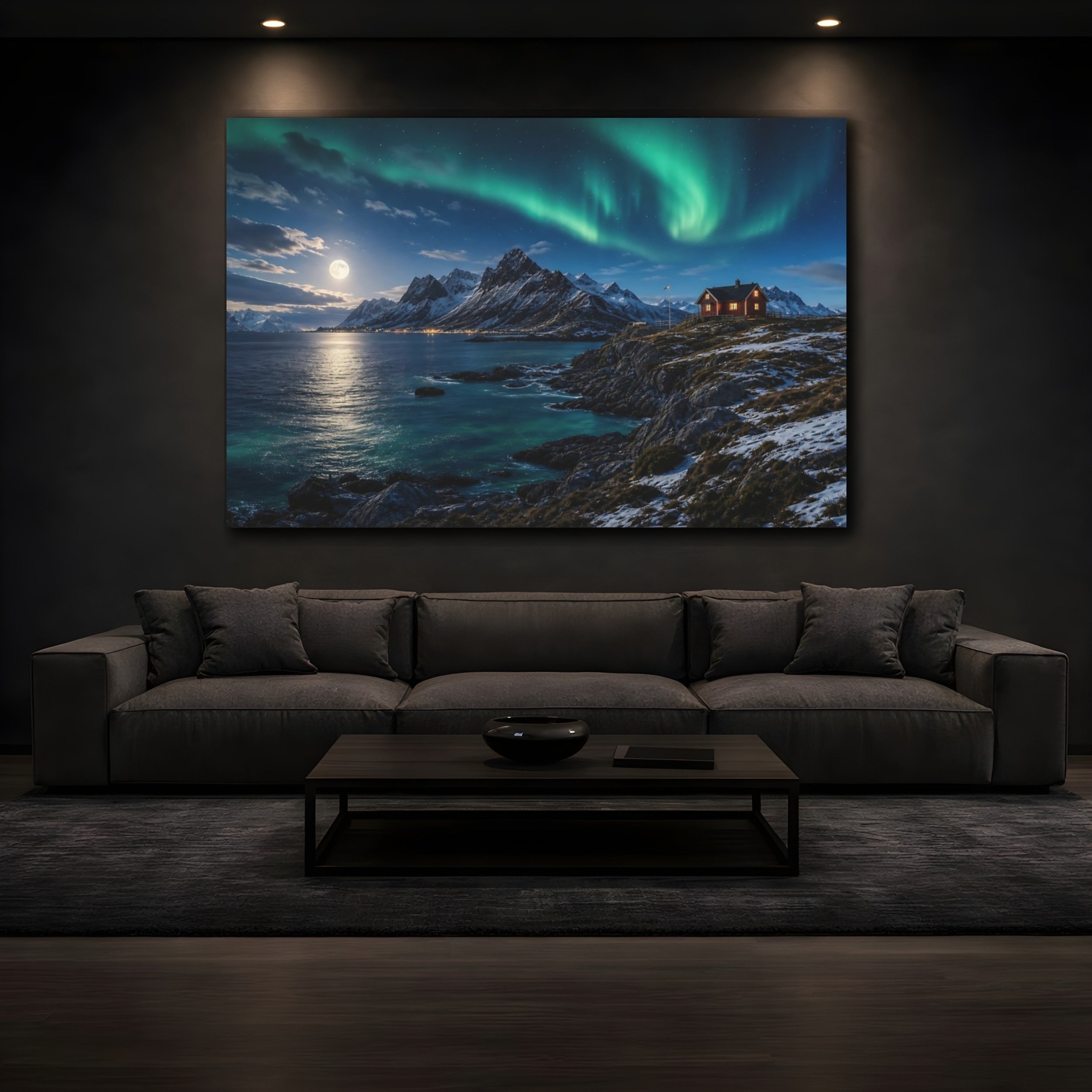 Mockup 3. Nature Aurora Borealis Green And Blue Landscape shown as stretched canvas wall art