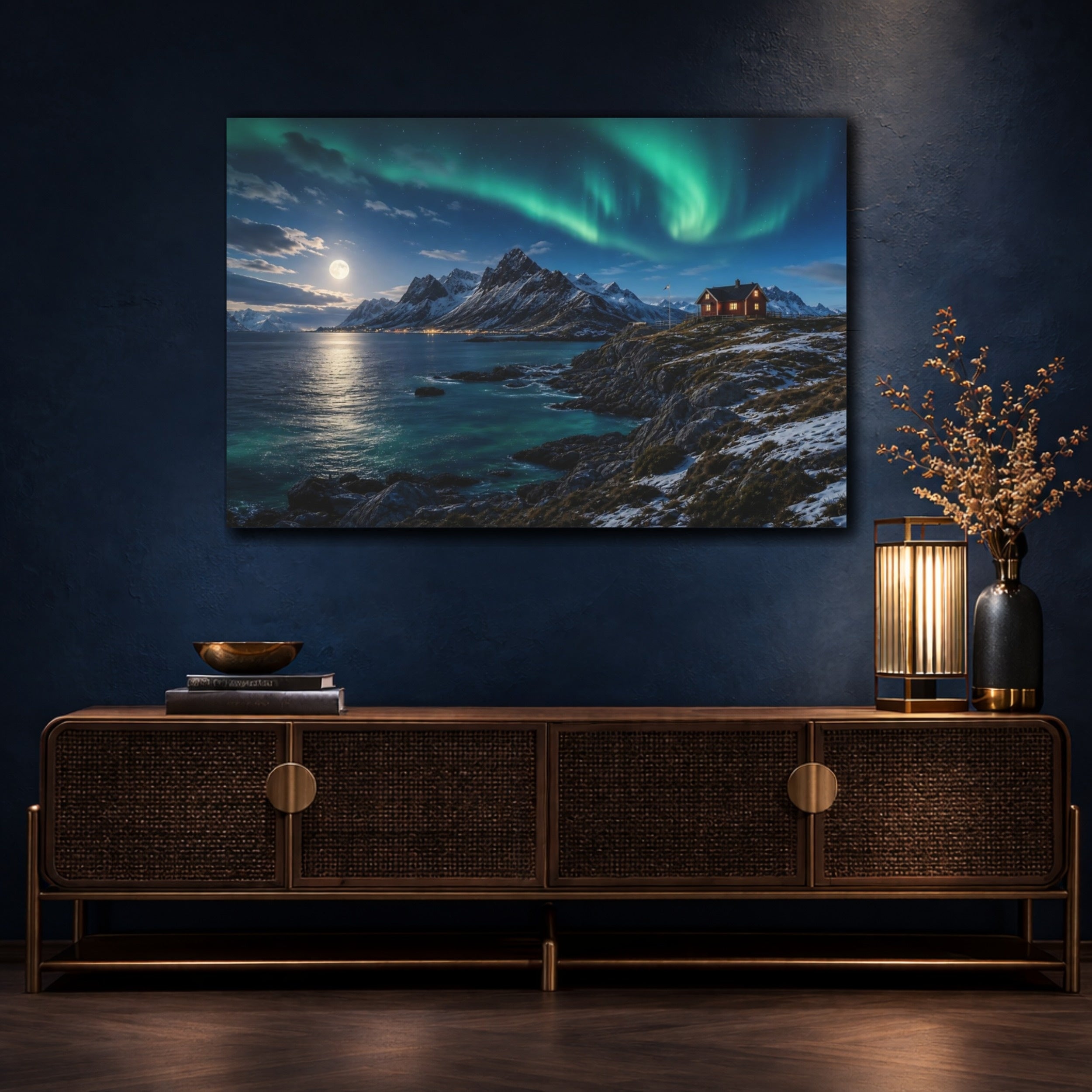 Mockup 4. Nature Aurora Borealis Green And Blue Landscape shown as stretched canvas wall art