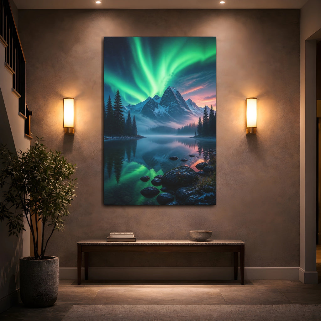 Mockup 2. Nature Aurora Borealis Green Aurora Landscape shown as stretched canvas wall art