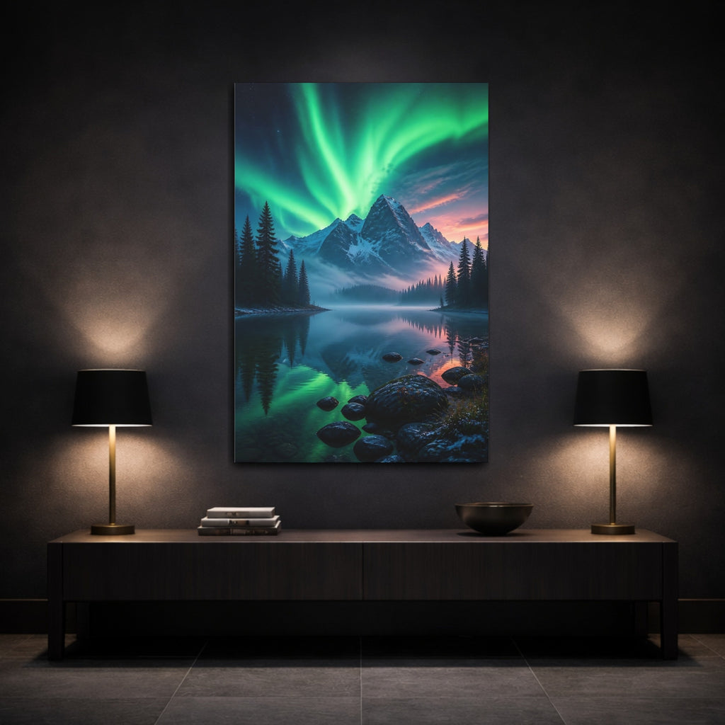 Mockup 3. Nature Aurora Borealis Green Aurora Landscape shown as stretched canvas wall art