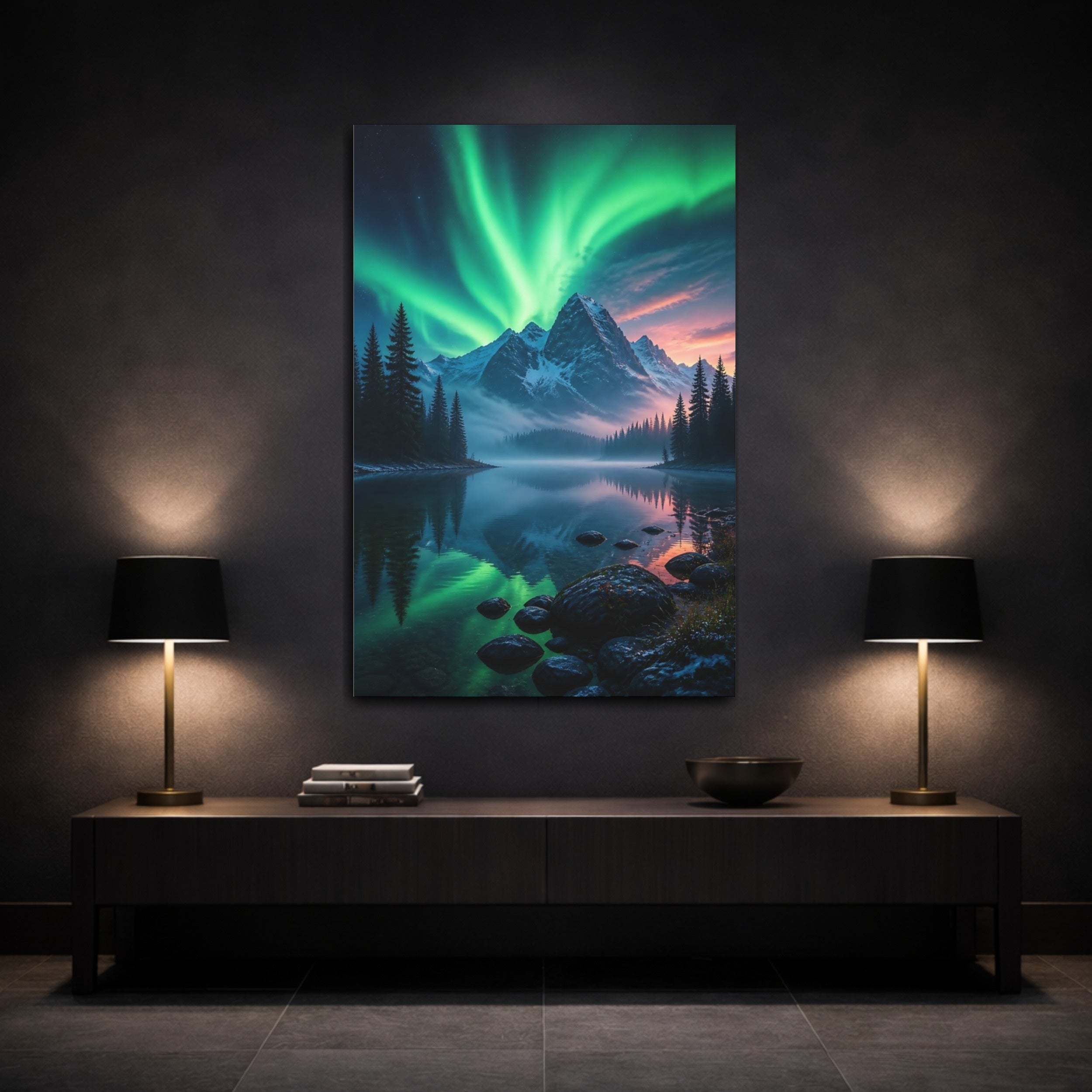 Mockup 3. Nature Aurora Borealis Green Aurora Landscape shown as stretched canvas wall art