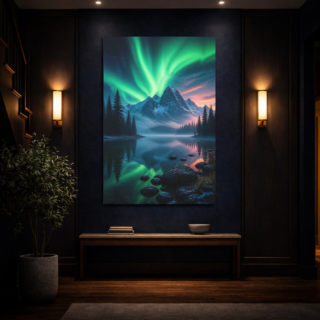 Mockup 4. Nature Aurora Borealis Green Aurora Landscape shown as stretched canvas wall art