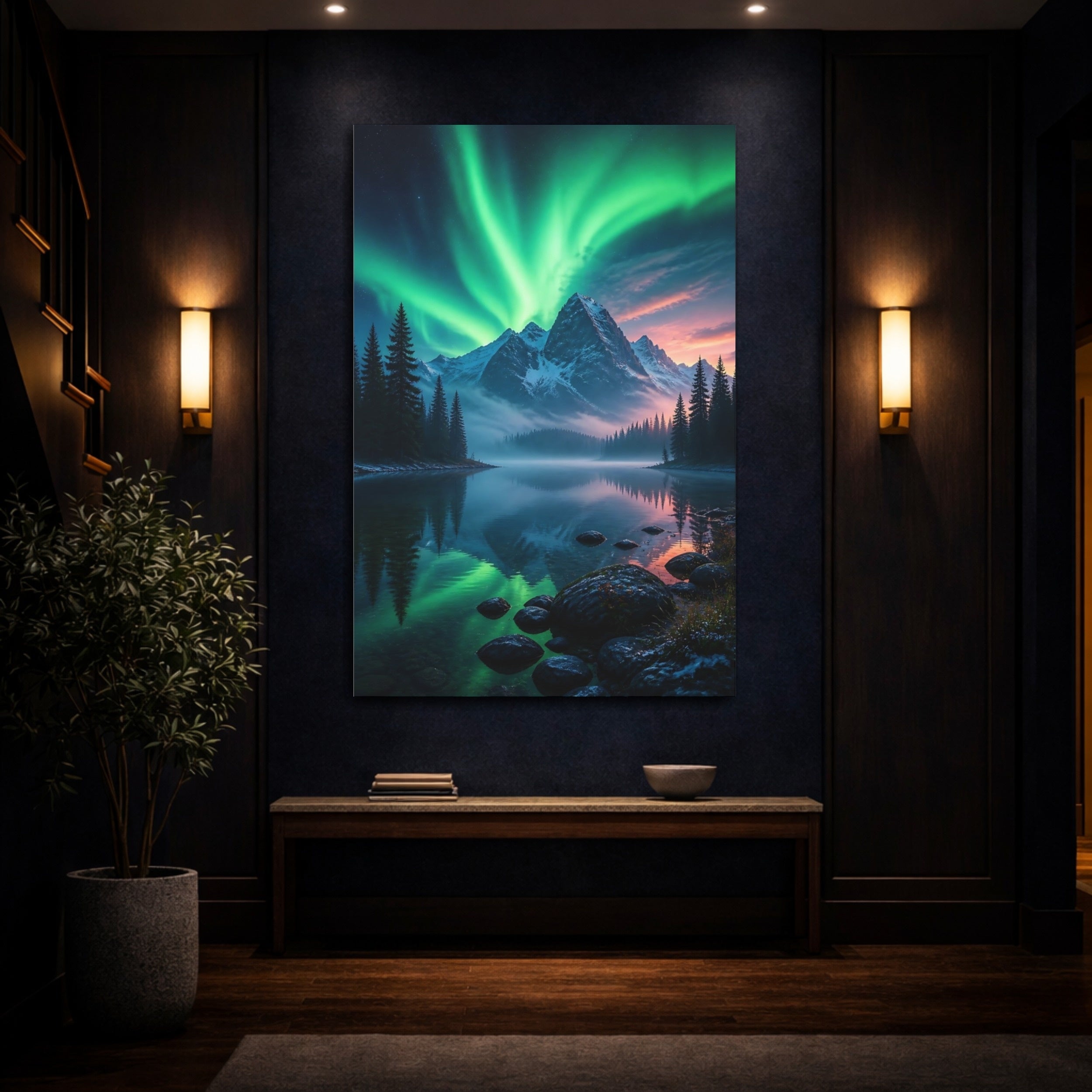 Mockup 4. Nature Aurora Borealis Green Aurora Landscape shown as stretched canvas wall art