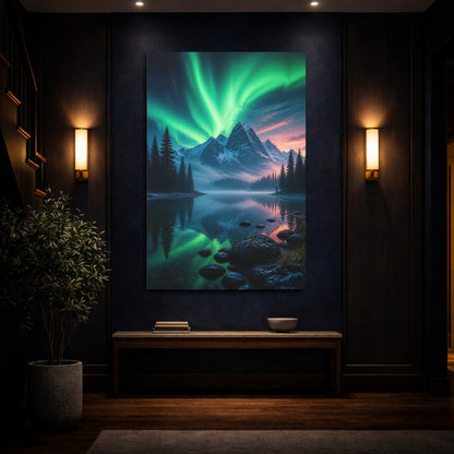 Mockup 4. Nature Aurora Borealis Green Aurora Landscape shown as stretched canvas wall art