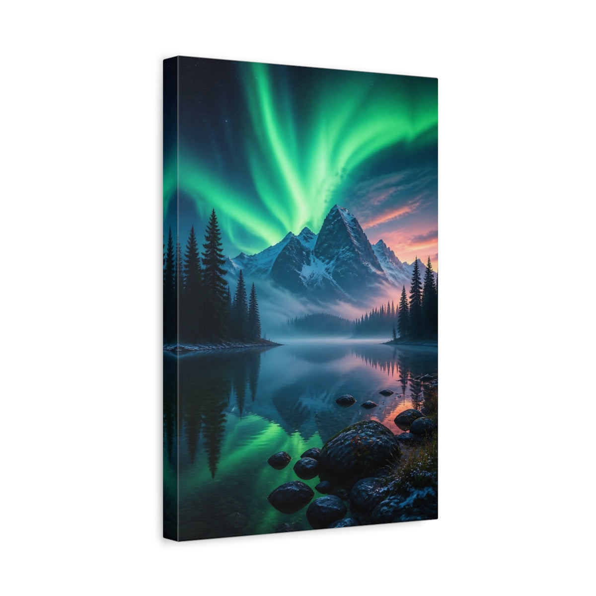 Side Mockup 4. Nature Aurora Borealis Green Aurora Landscape shown as stretched canvas wall art