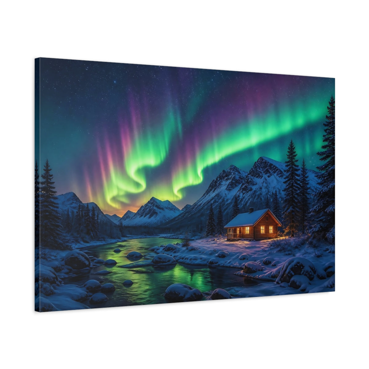 Main Mockup. Nature Aurora Borealis Green Purple Aurora shown as stretched canvas wall art
