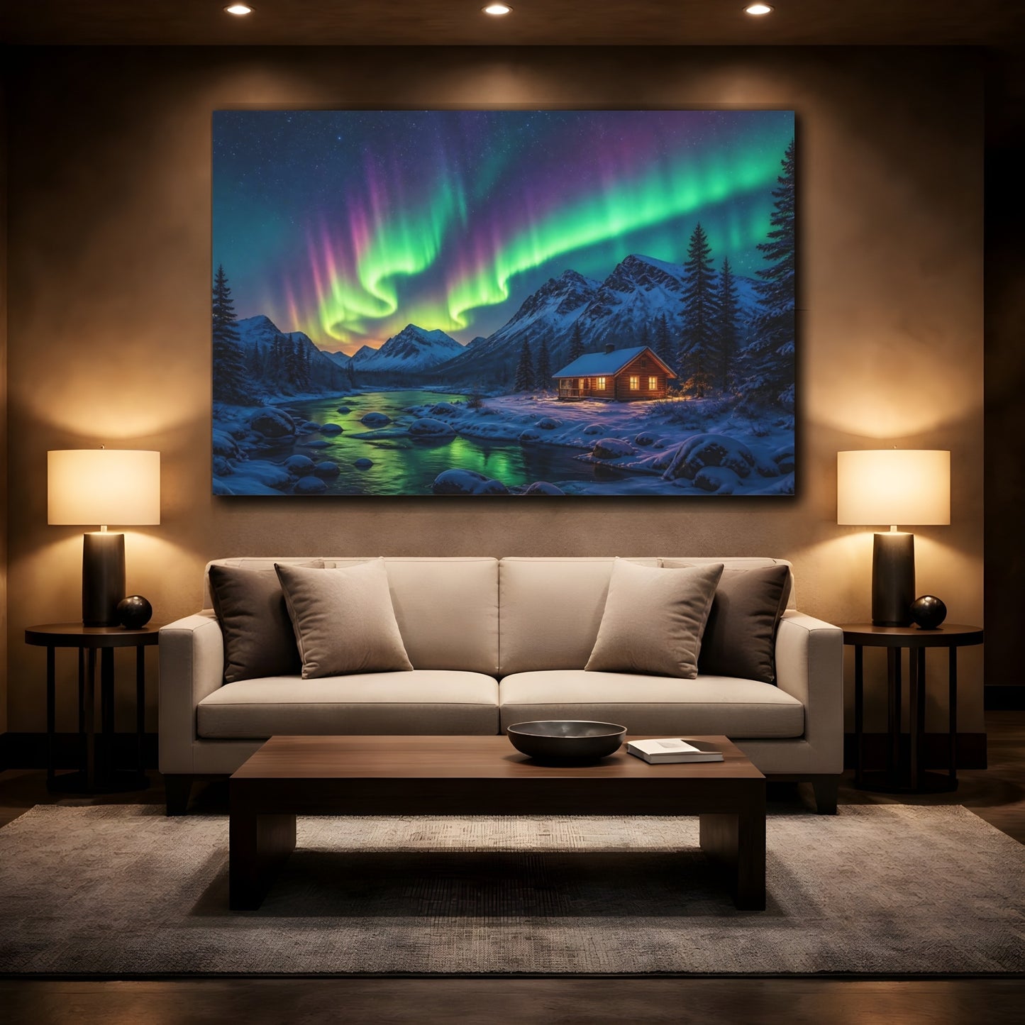Mockup 2. Nature Aurora Borealis Green Purple Aurora shown as stretched canvas wall art