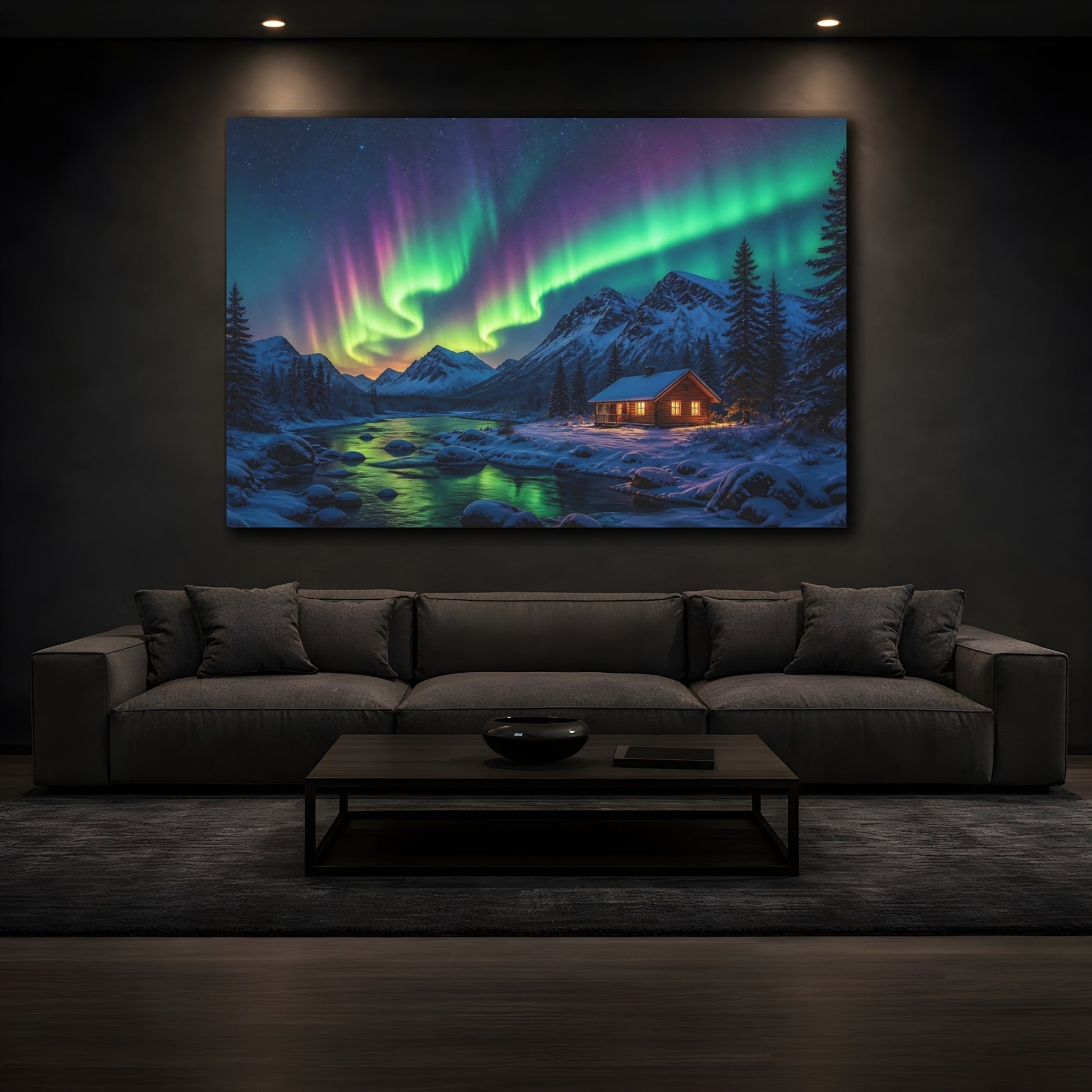 Mockup 3. Nature Aurora Borealis Green Purple Aurora shown as stretched canvas wall art