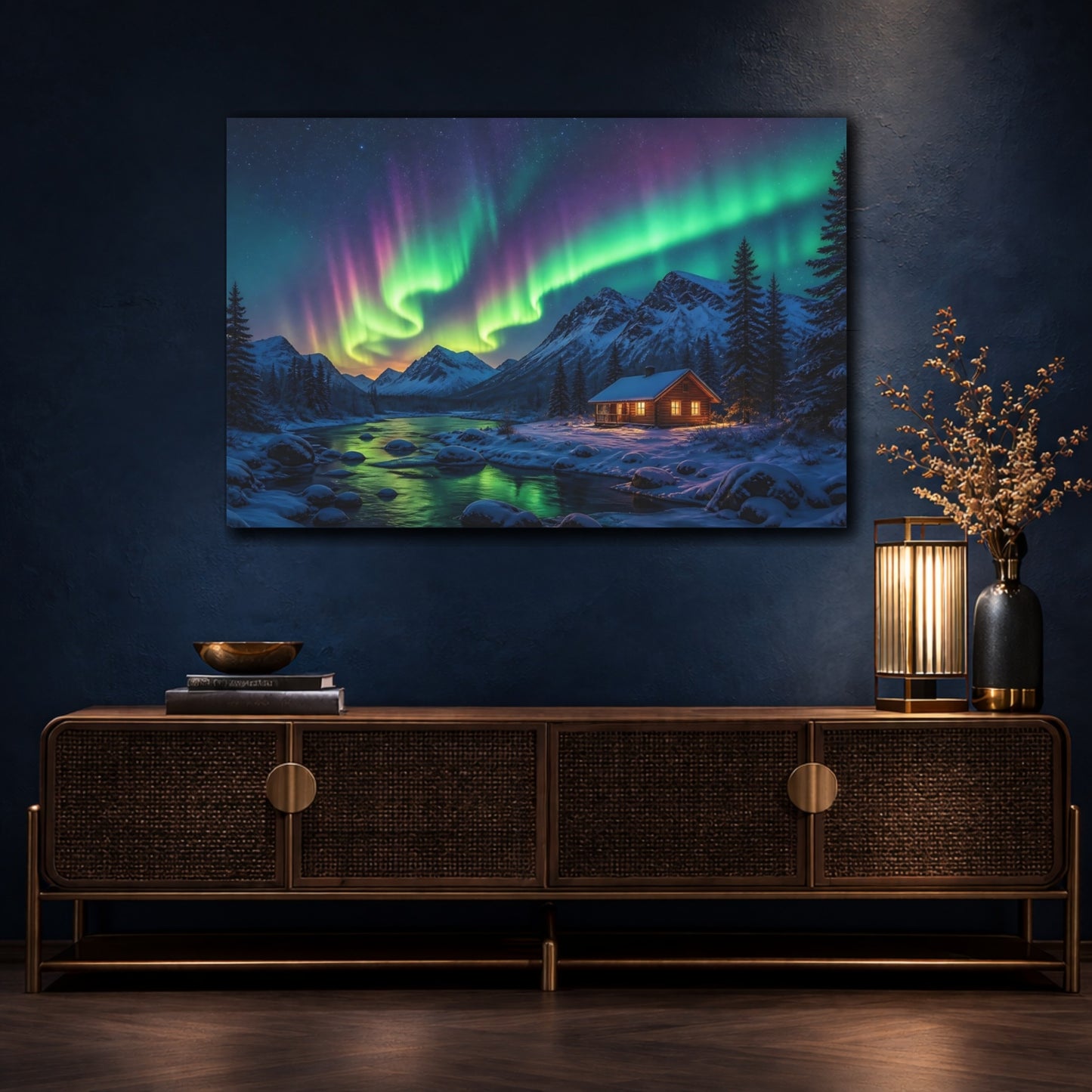 Mockup 4. Nature Aurora Borealis Green Purple Aurora shown as stretched canvas wall art