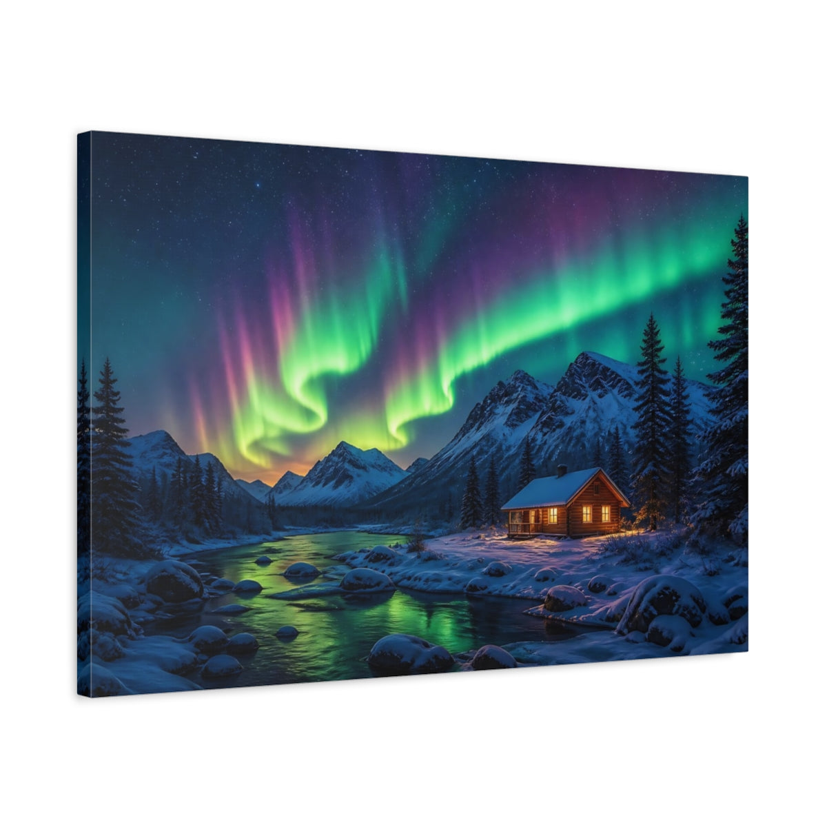 Side Mockup 2. Nature Aurora Borealis Green Purple Aurora shown as stretched canvas wall art