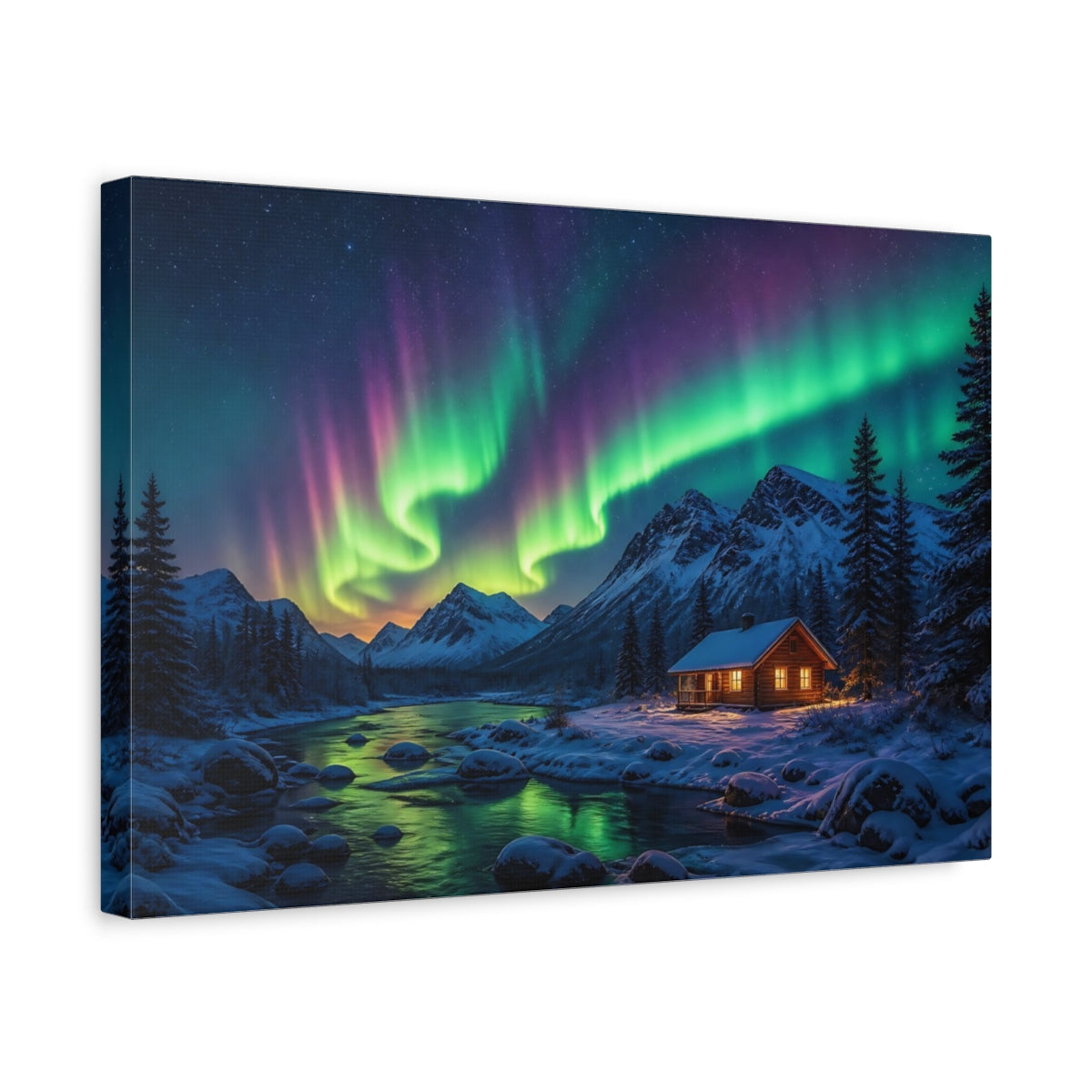 Side Mockup 4. Nature Aurora Borealis Green Purple Aurora shown as stretched canvas wall art