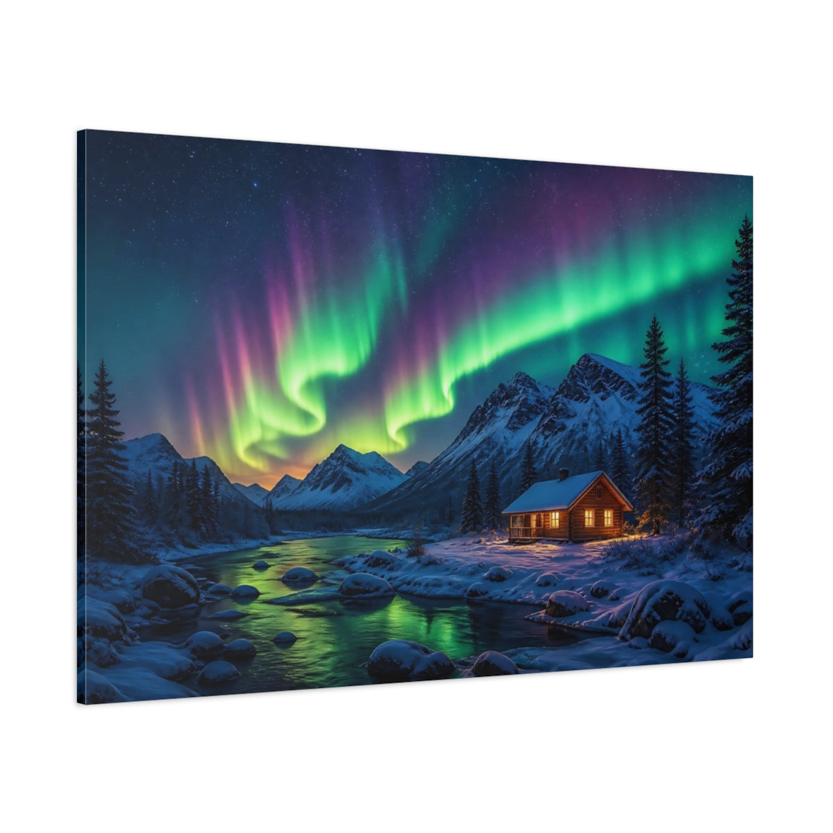 Side Mockup 1. Nature Aurora Borealis Green Purple Aurora shown as stretched canvas wall art