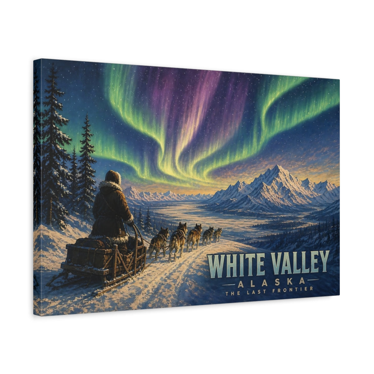 Side Mockup 3. Nature Aurora Borealis Aurora Snow Scene shown as stretched canvas wall art