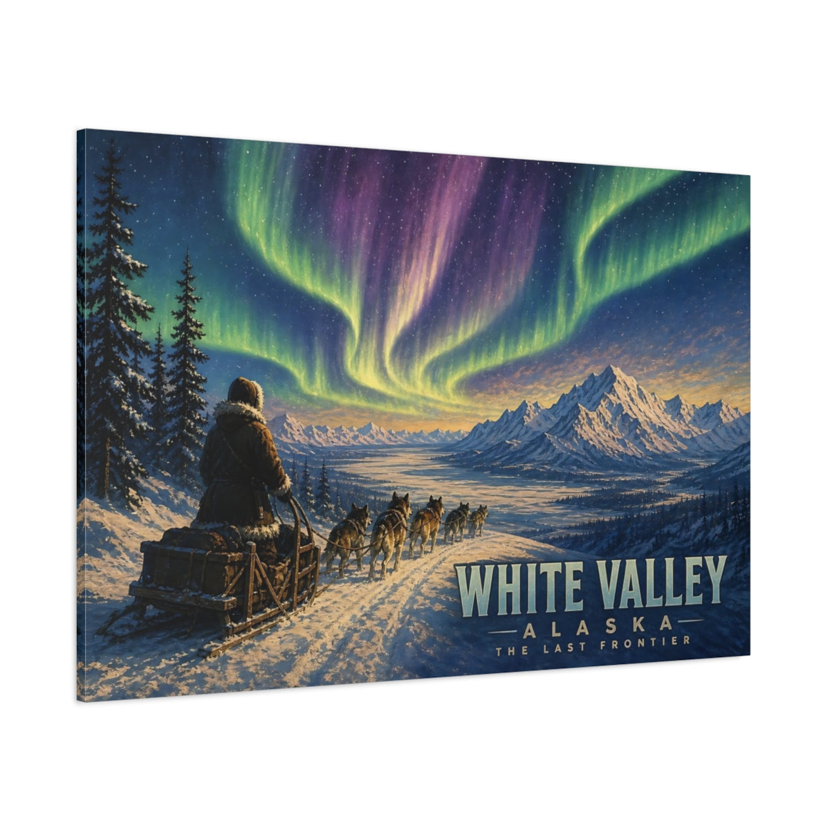 Side Mockup 1. Nature Aurora Borealis Aurora Snow Scene shown as stretched canvas wall art