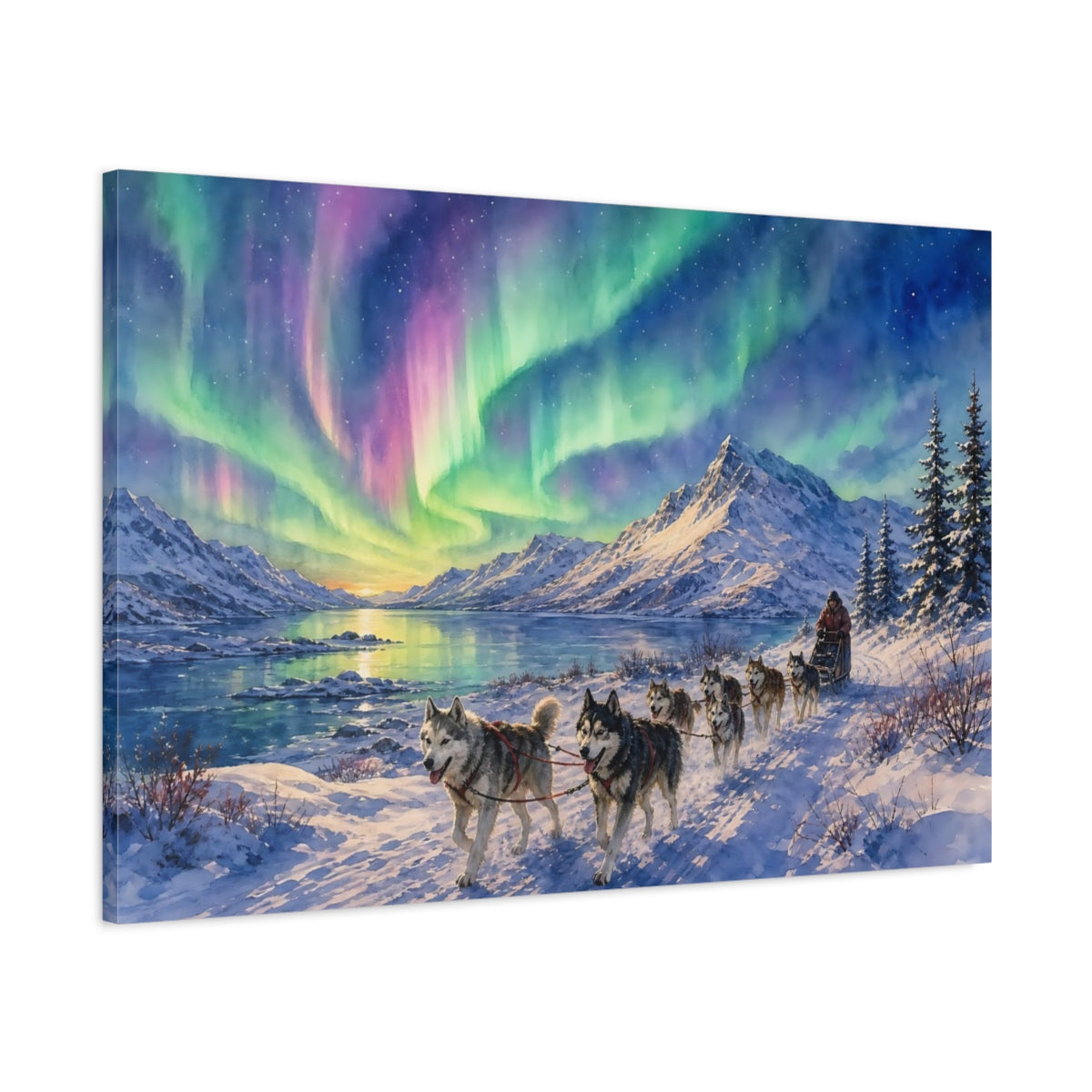 Main Mockup. Nature Aurora Husky Purple Green Aurora shown as stretched canvas wall art